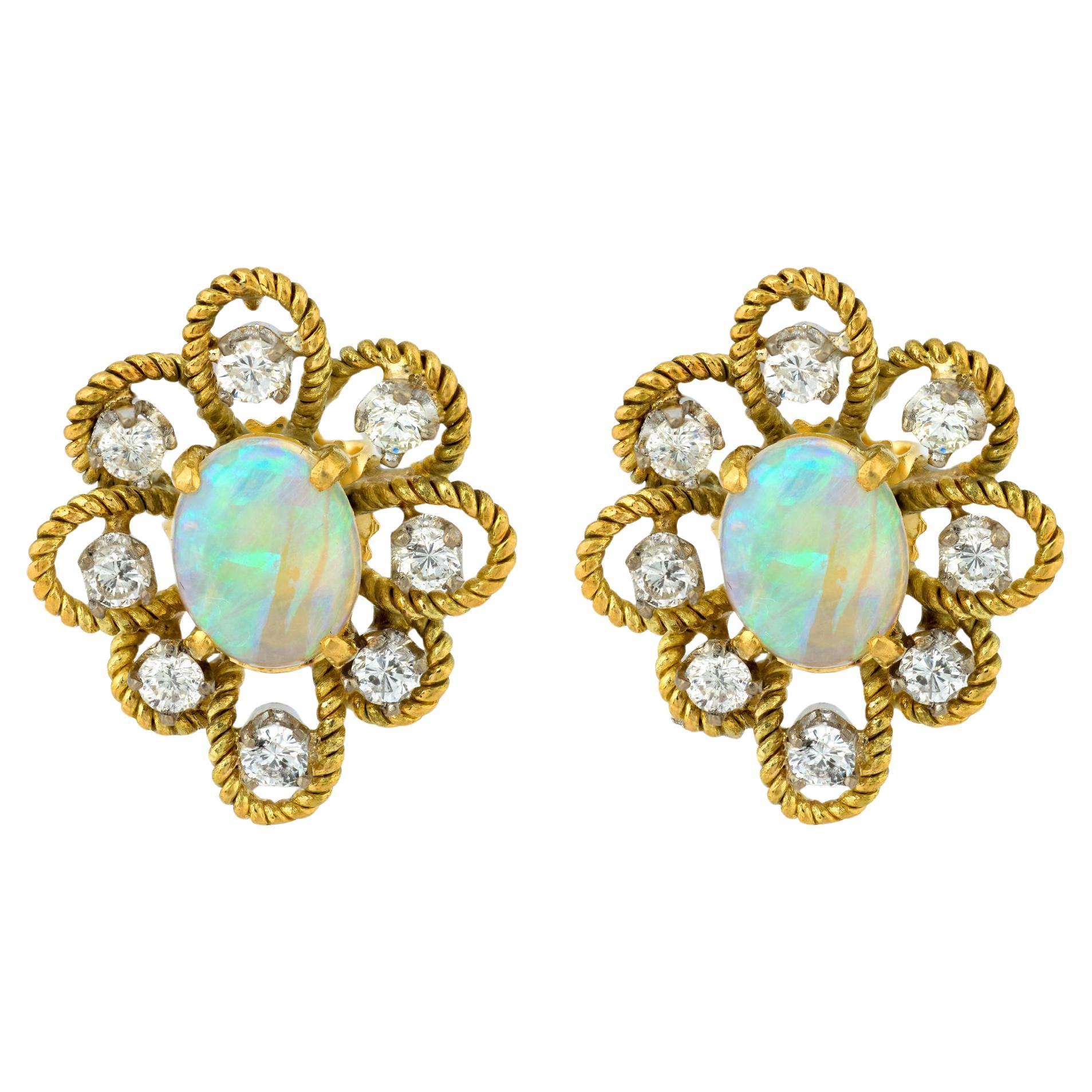 Mid-Century opal diamond 18k yellow gold earrings