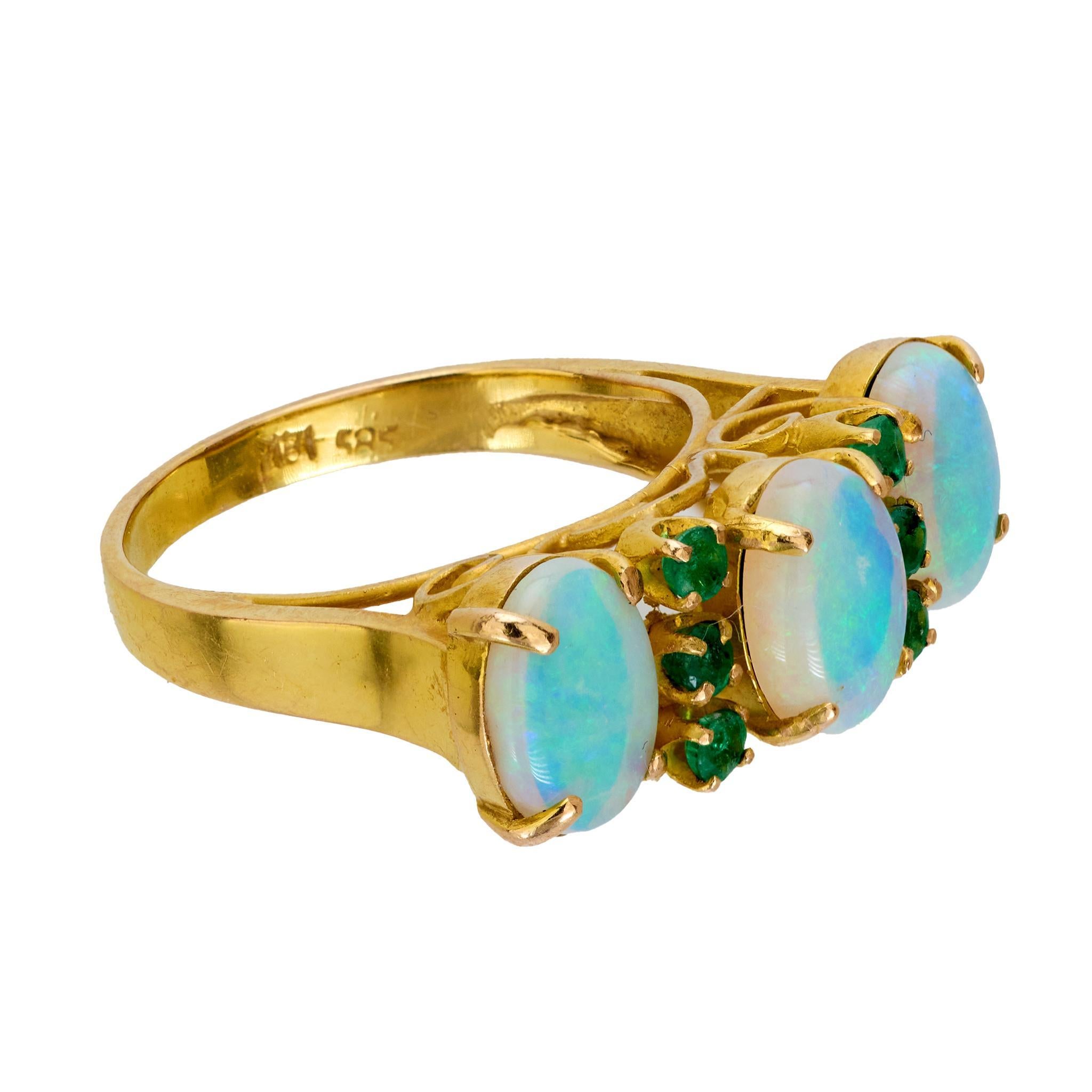Cabochon Mid Century opal emerald 14k yellow gold cocktail ring For Sale