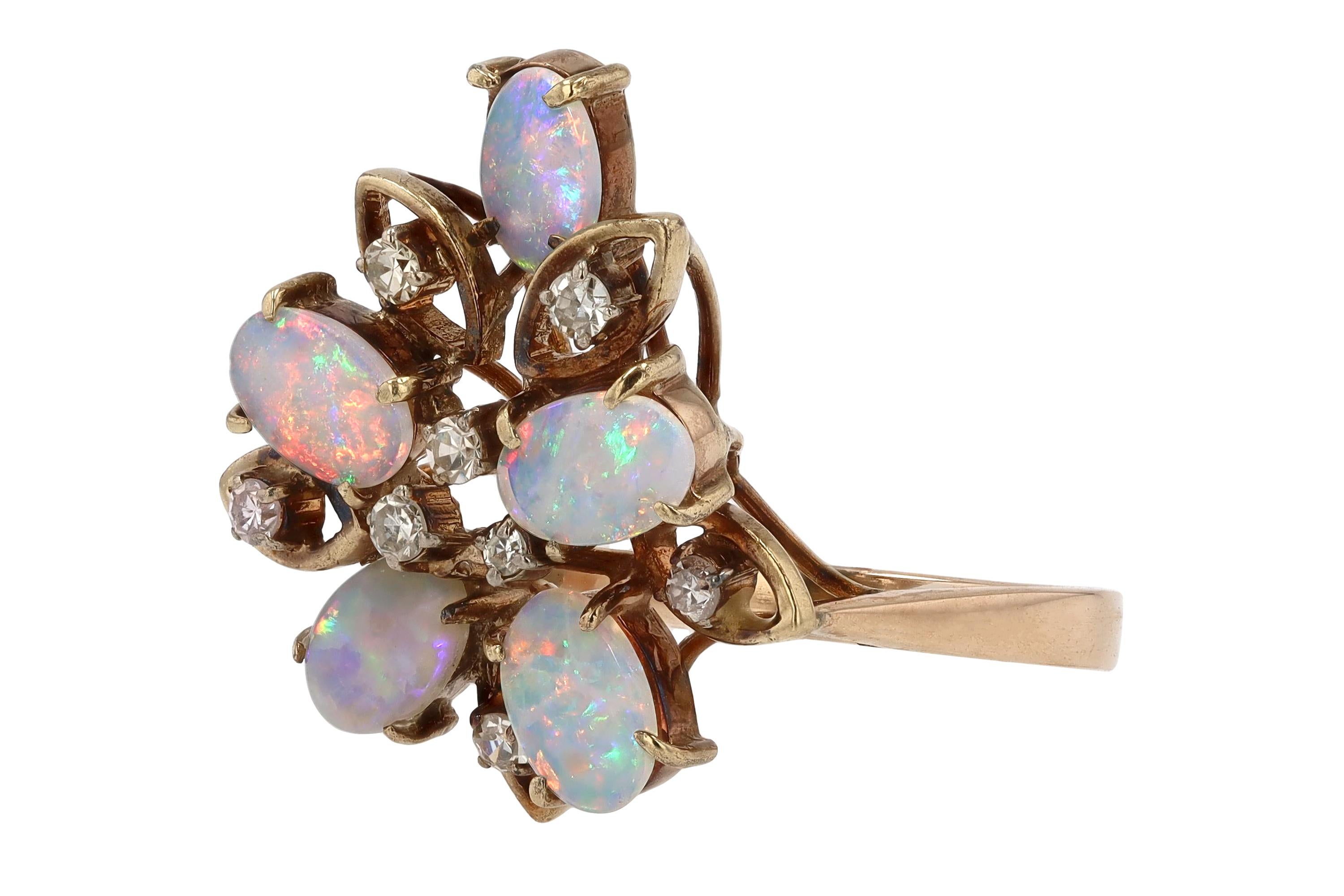 Mid Century Opal Flower Power Cocktail Ring In Good Condition For Sale In Santa Barbara, CA