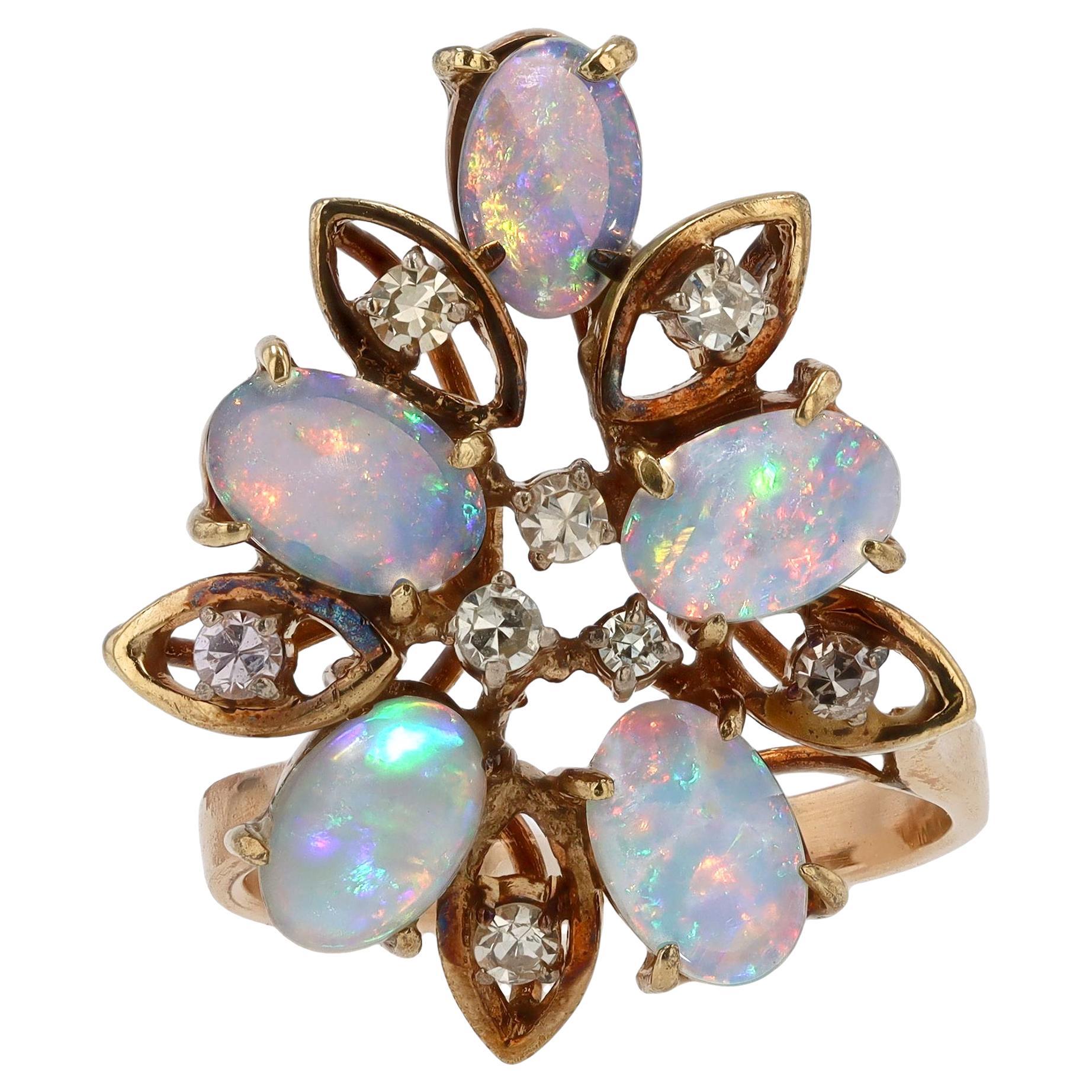 Mid Century Opal Flower Power Cocktail Ring For Sale