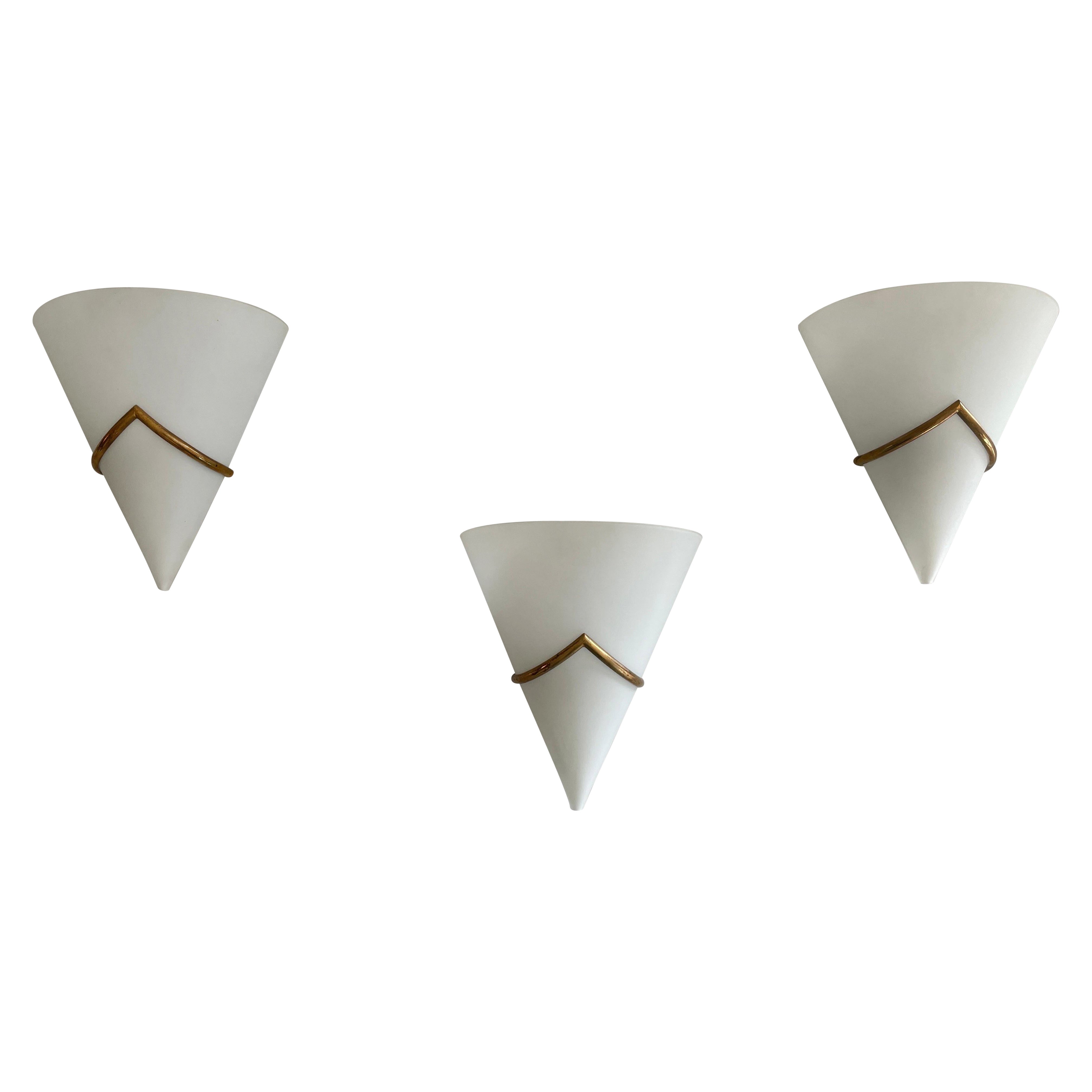 Mid-Century Opal Glass and Brass Set of Three Sconces, 1960s, Italy