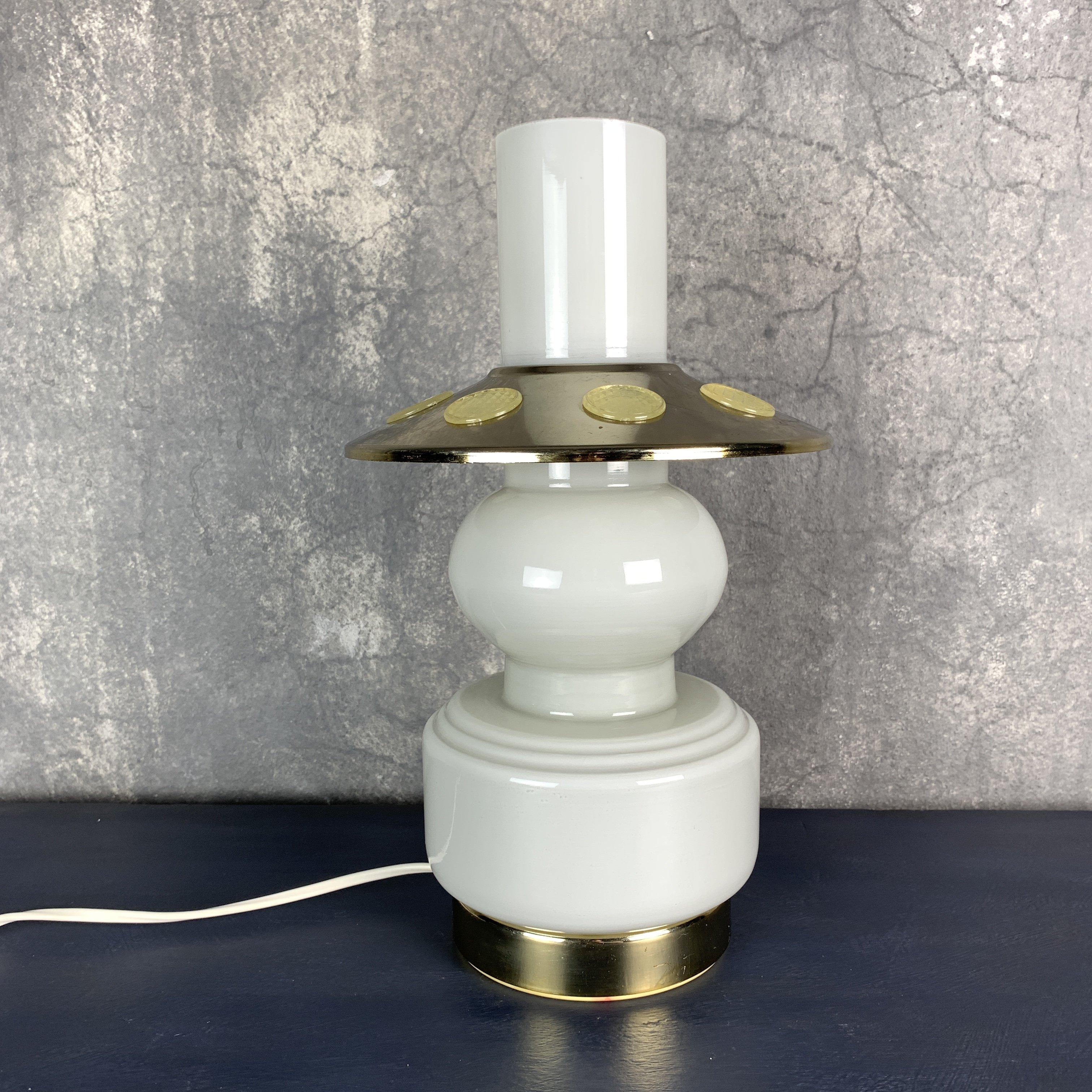 Mid-Century Modern Mid-Century Opal Glass & Brass Plated Table Lamp, 1960's For Sale