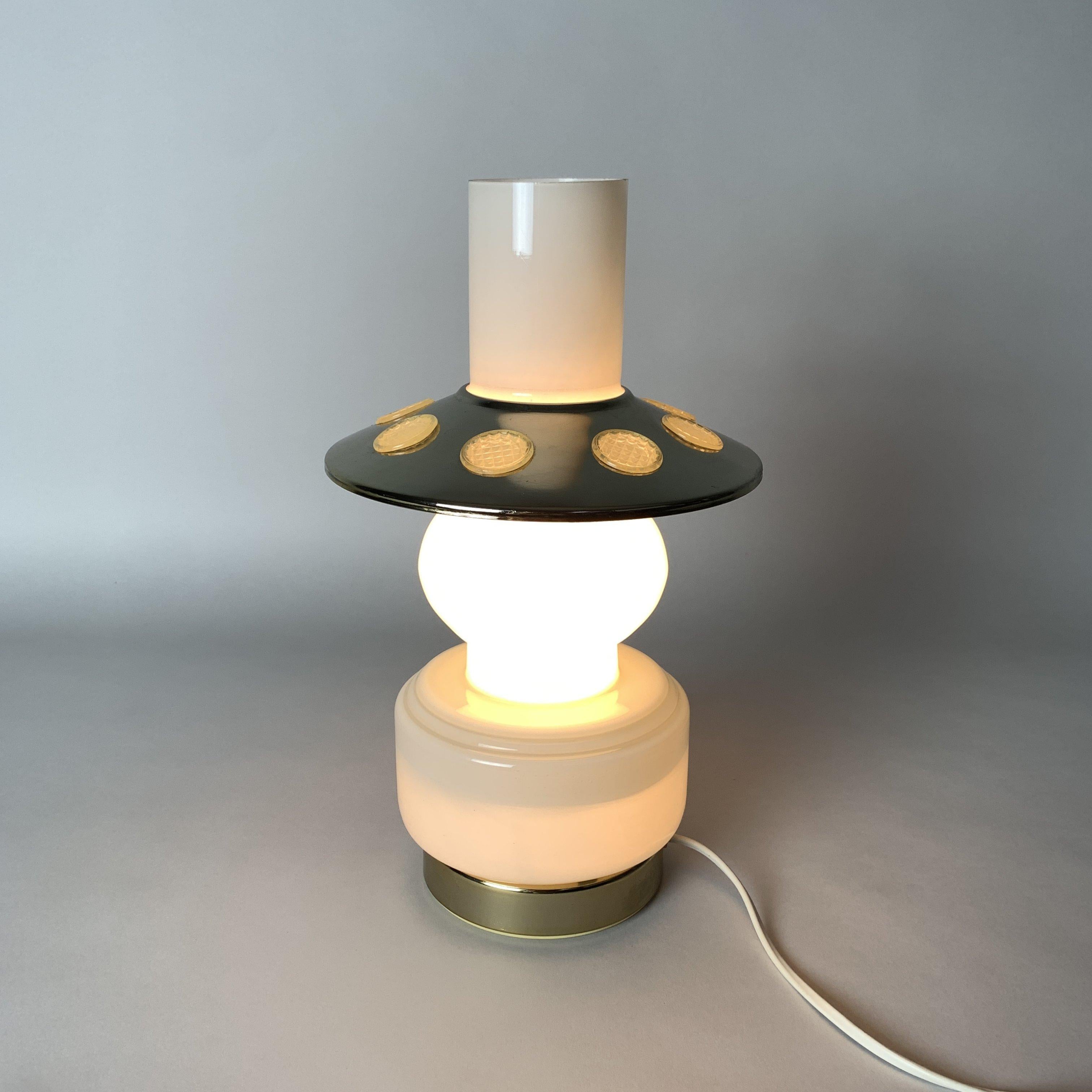 Czech Mid-Century Opal Glass & Brass Plated Table Lamp, 1960's For Sale