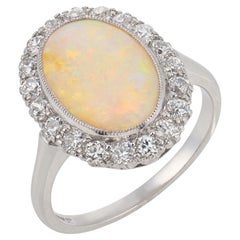 Mid century opal old European cut diamond platinum cluster ring