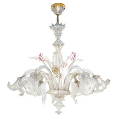 Mid-Century Opalescent 6 Arm Floral Hand-Blown Murano Glass & Brass Chandelier