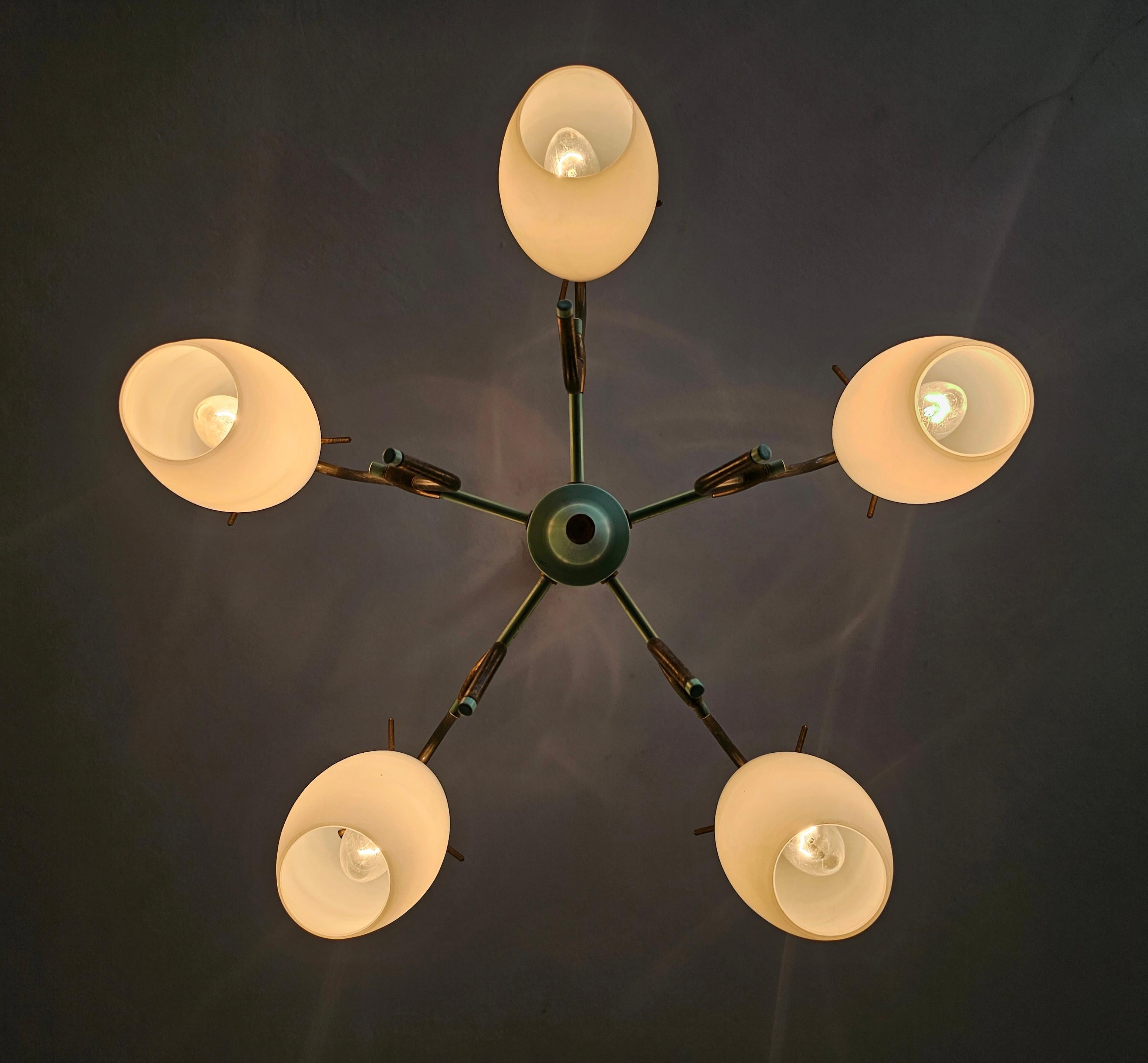 Mid Century Opaline Glass and Brass chandelier by Stilux Milano, Italy 1950s For Sale 4