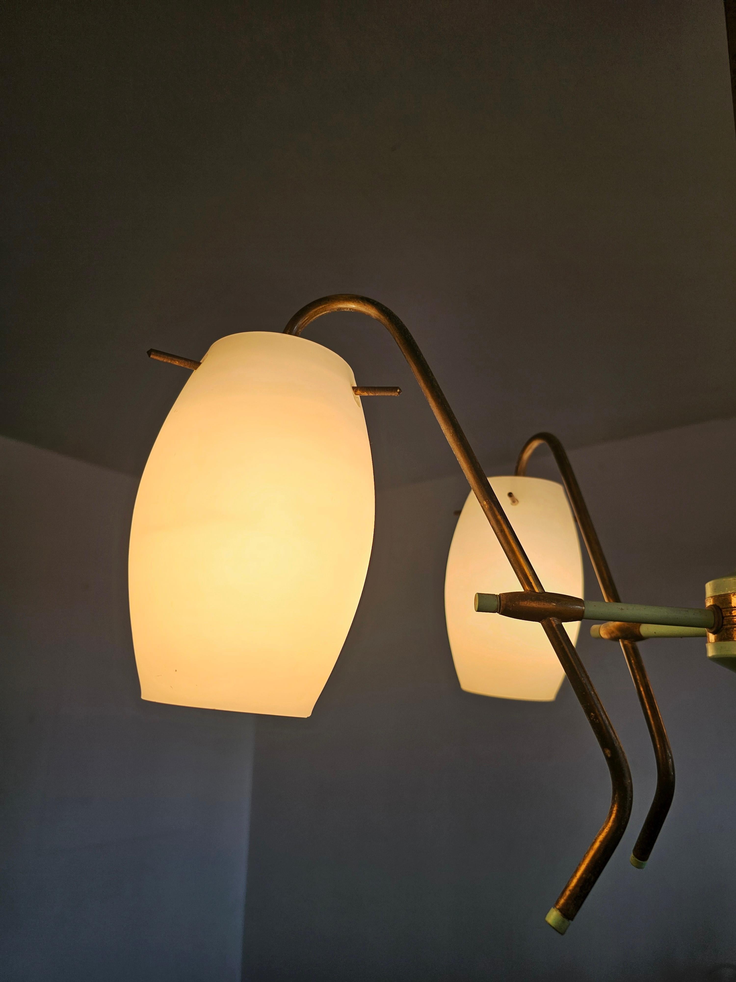 Mid Century Opaline Glass and Brass chandelier by Stilux Milano, Italy 1950s For Sale 6
