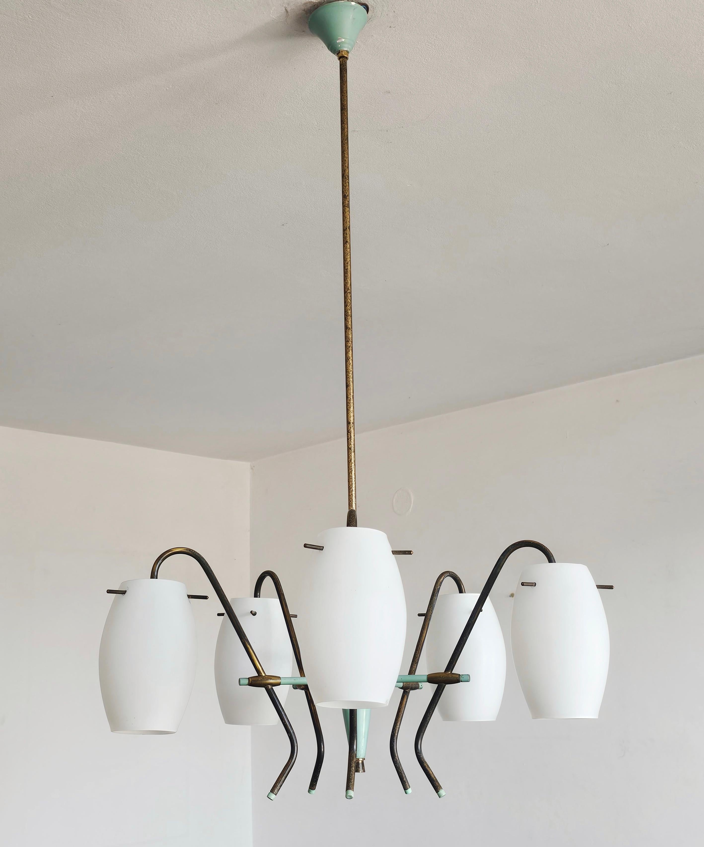 Italian Mid Century Opaline Glass and Brass chandelier by Stilux Milano, Italy 1950s For Sale