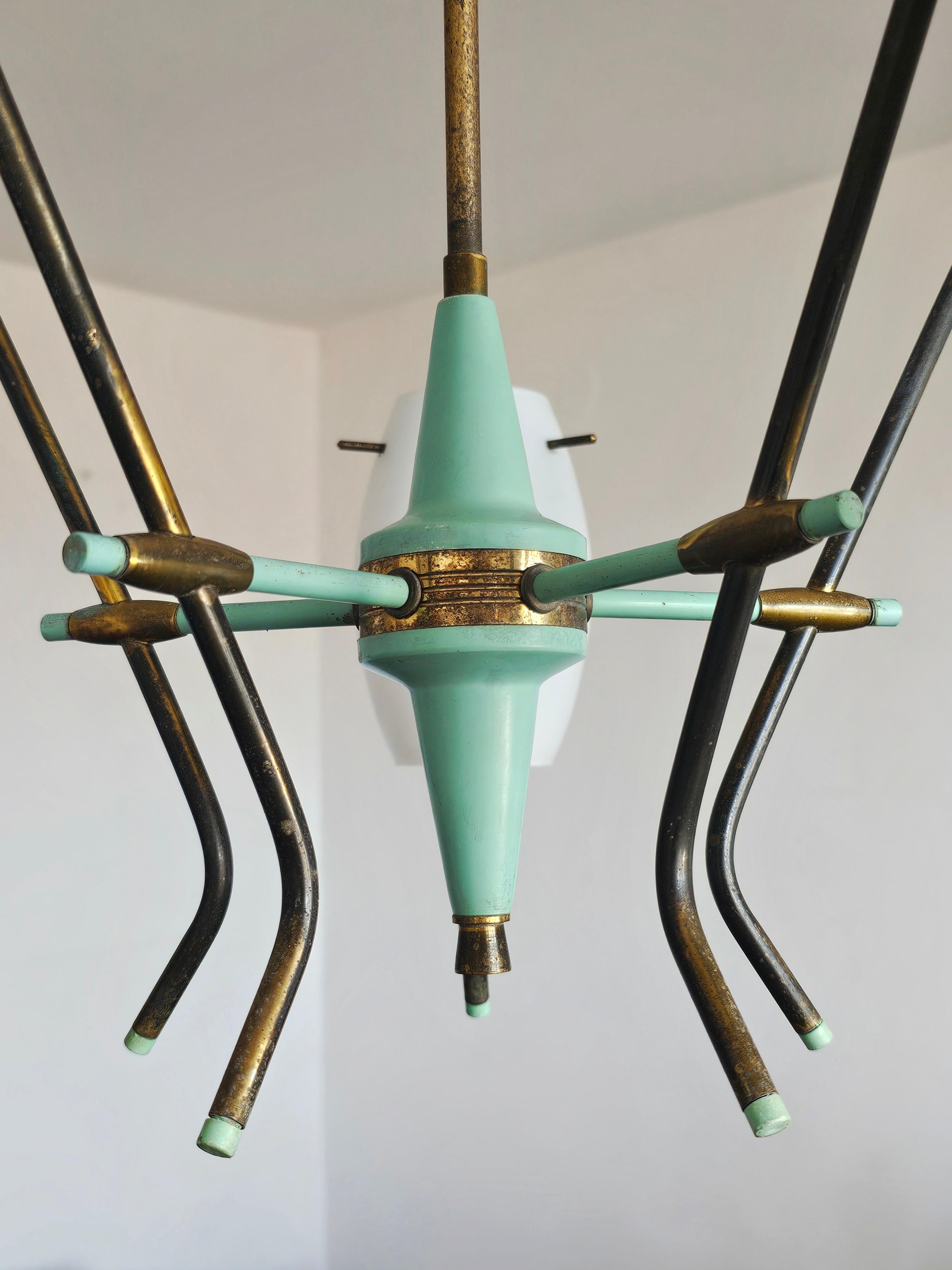 Mid-20th Century Mid Century Opaline Glass and Brass chandelier by Stilux Milano, Italy 1950s For Sale