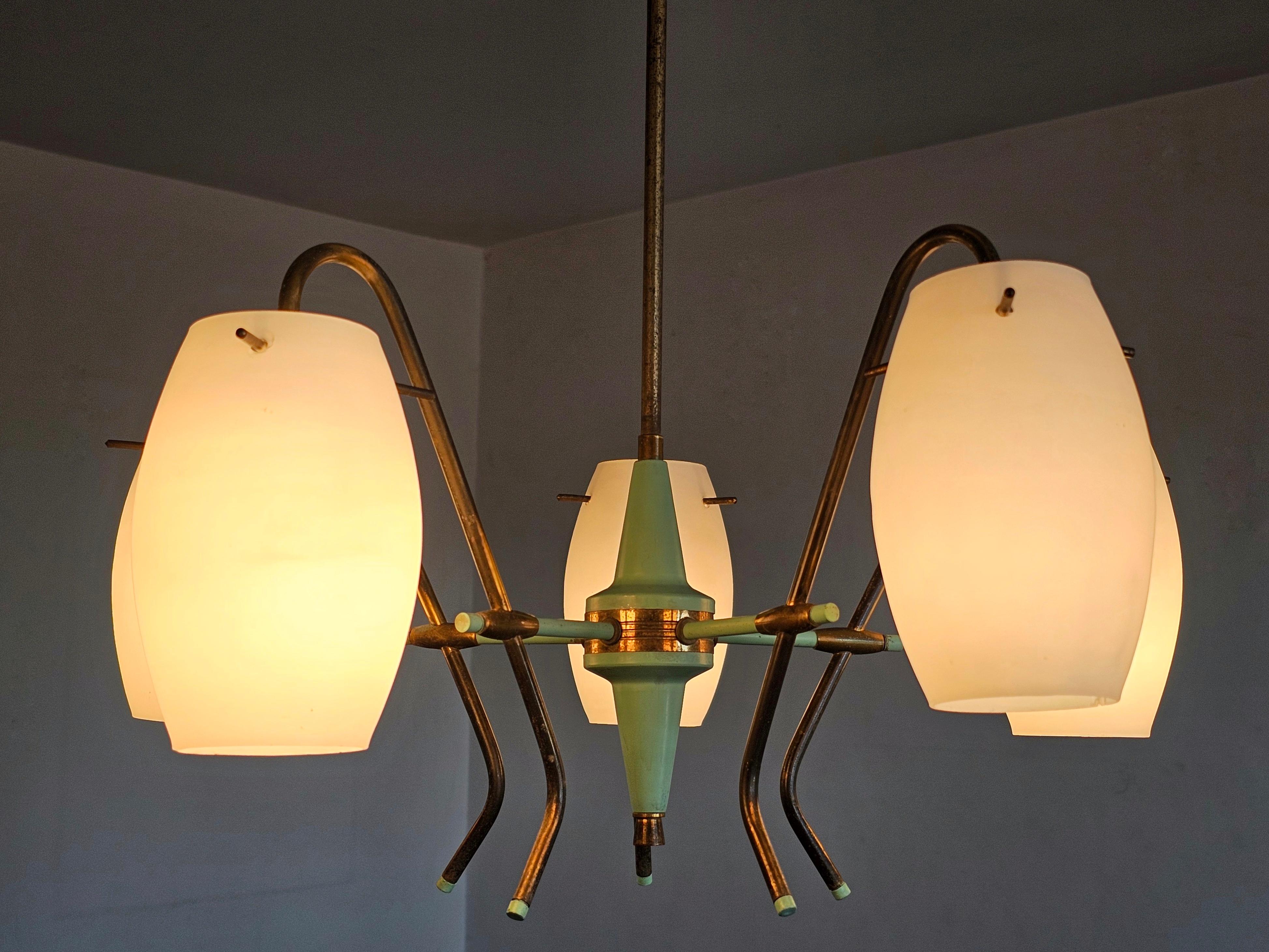Mid Century Opaline Glass and Brass chandelier by Stilux Milano, Italy 1950s For Sale 1