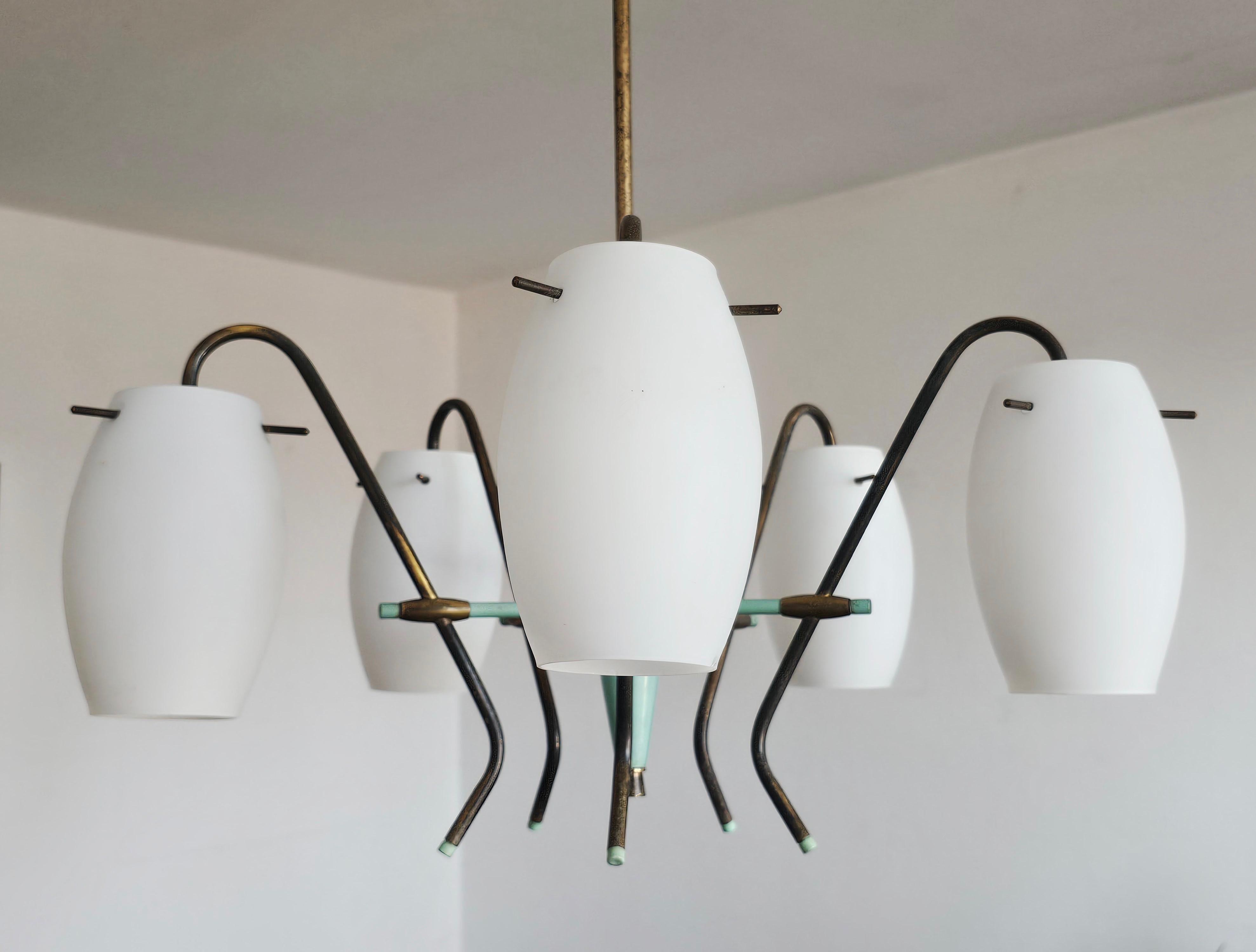 Mid Century Opaline Glass and Brass chandelier by Stilux Milano, Italy 1950s For Sale 2
