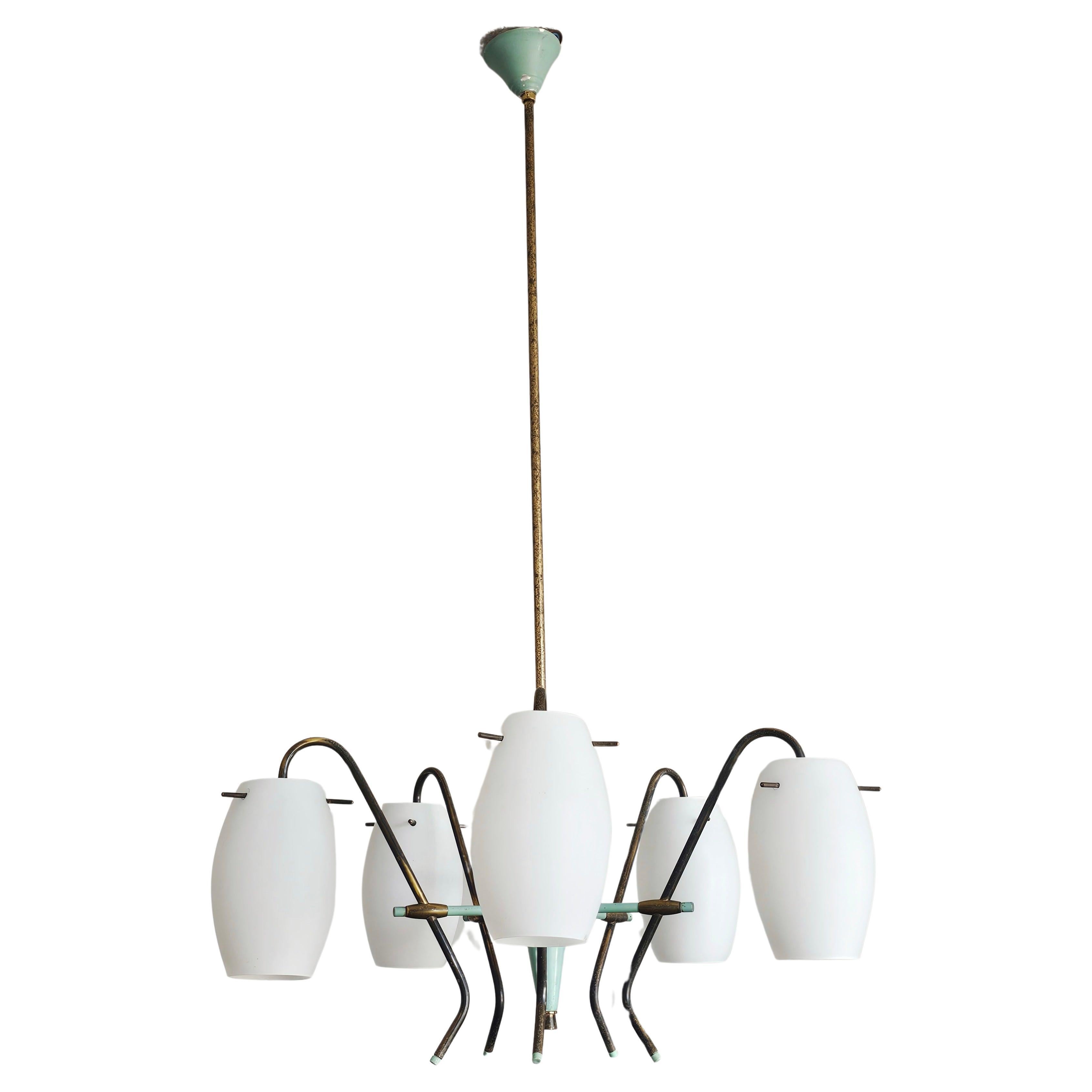 Mid Century Opaline Glass and Brass chandelier by Stilux Milano, Italy 1950s