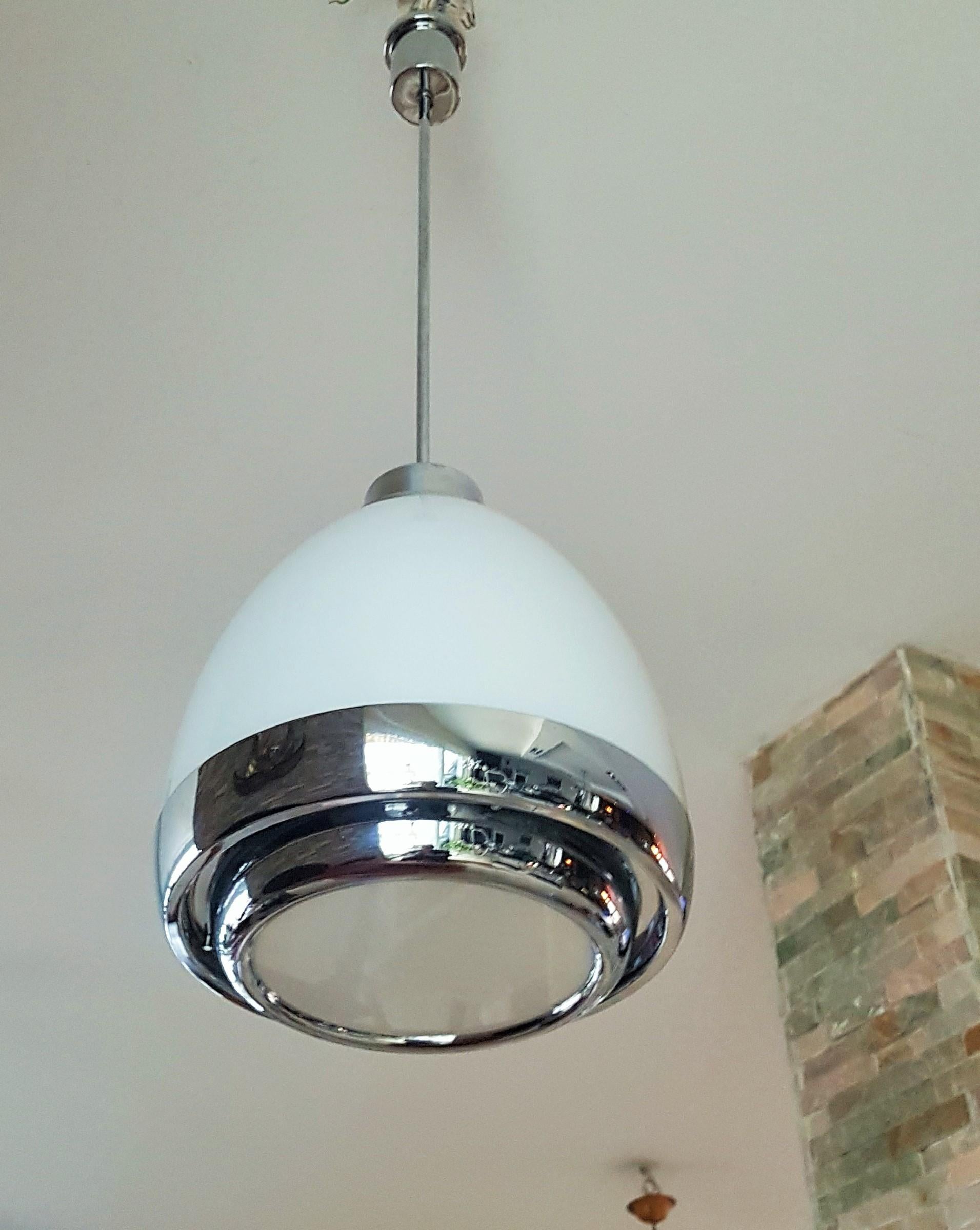 Mid-Century Opaline Glass and Chrome Pendant Chandelier Mazzega Lumi Italy 1960s For Sale 4