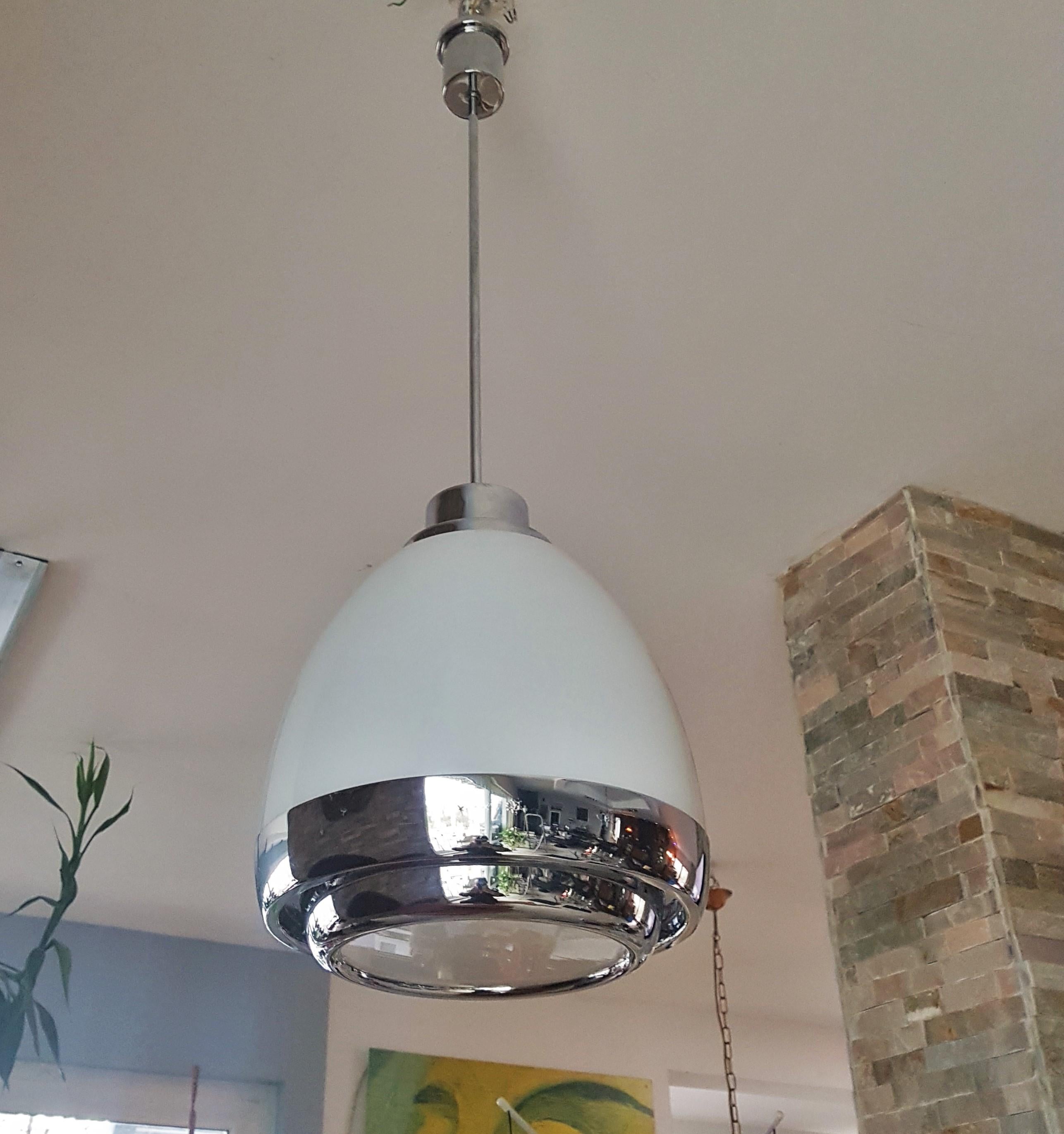 Mid-Century Opaline Glass and Chrome Pendant Chandelier Mazzega Lumi Italy 1960s For Sale 6
