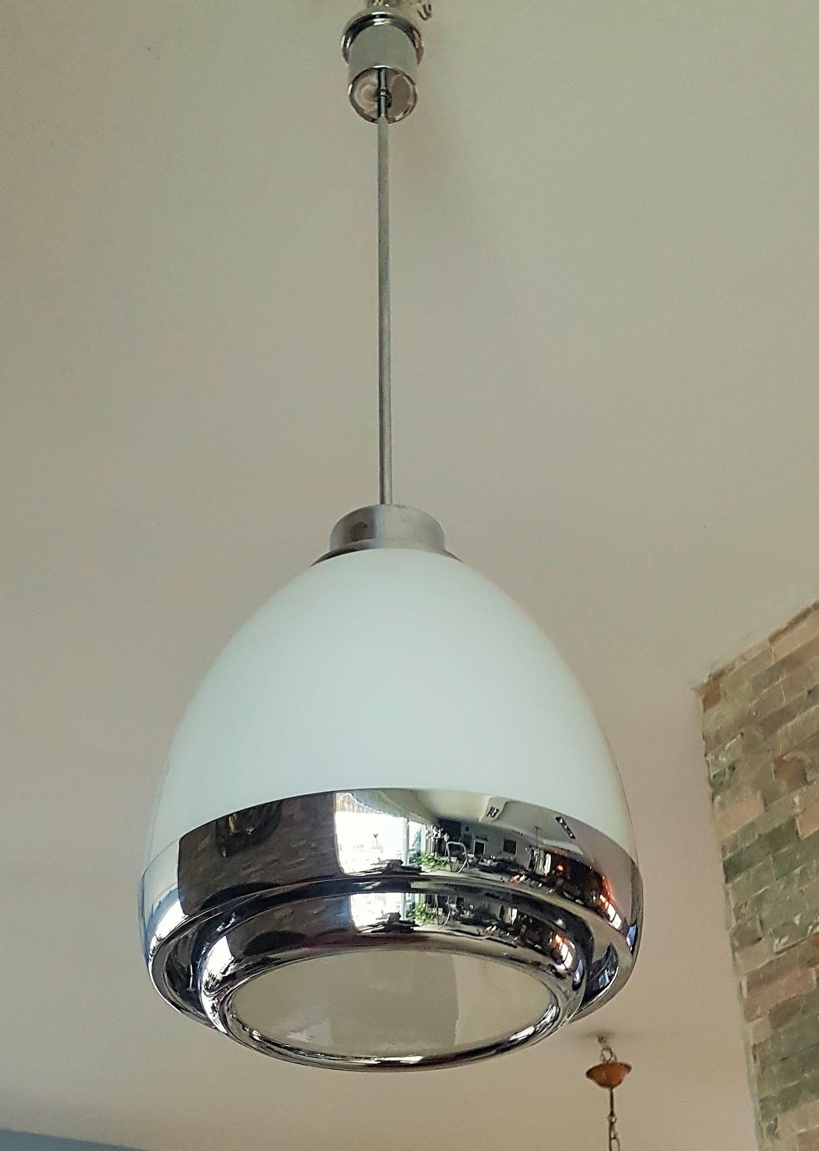 Mid-Century Opaline Glass and Chrome Pendant Chandelier Mazzega Lumi Italy 1960s For Sale 3
