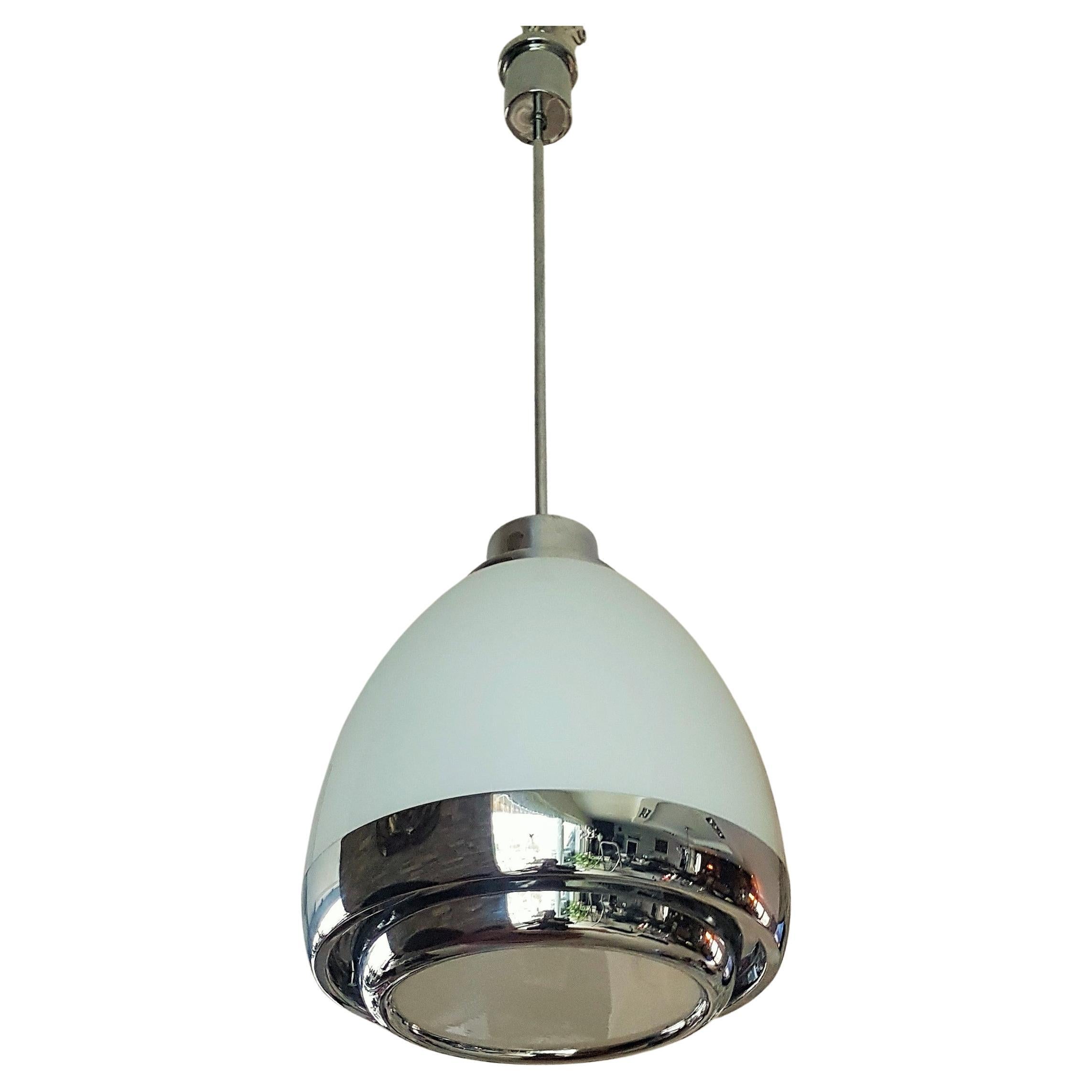 Mid-Century Opaline Glass and Chrome Pendant Chandelier Mazzega Lumi Italy 1960s For Sale