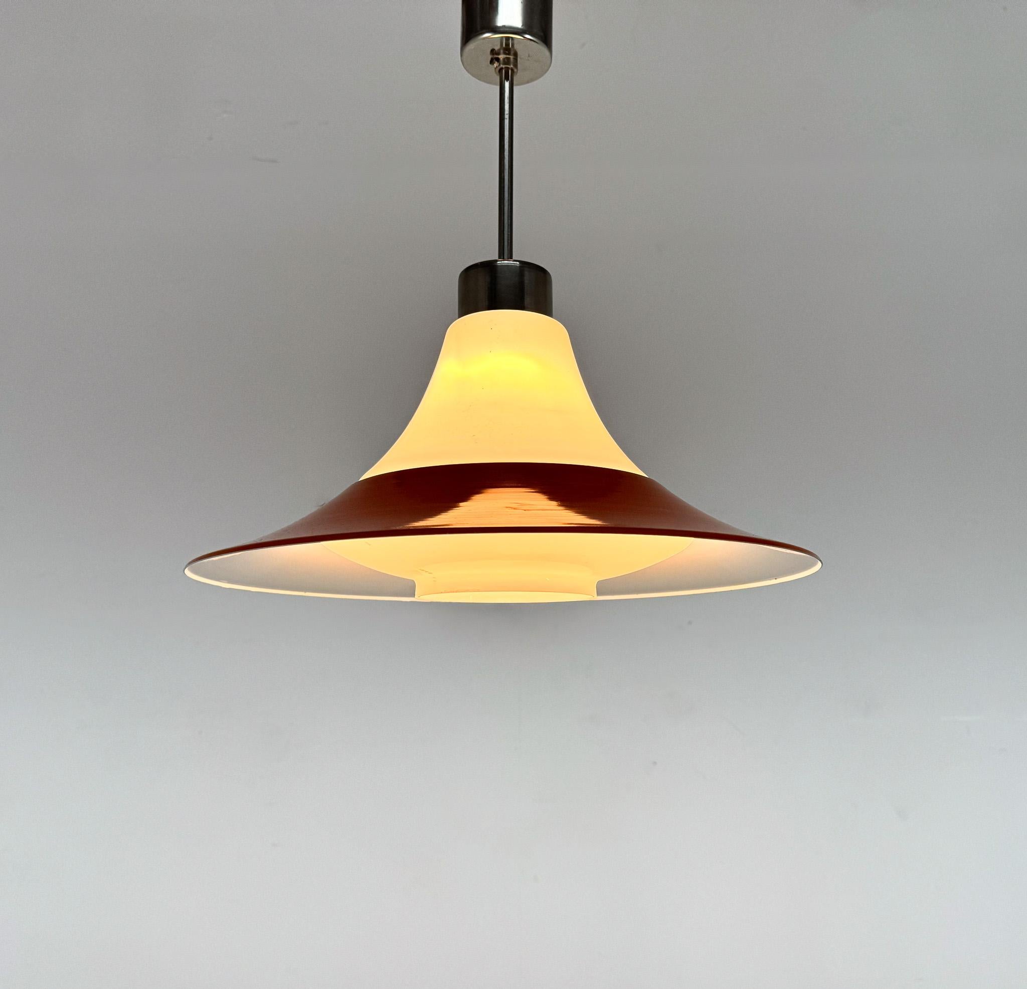 Vintage small pendant light made of chrome and opaline glass with orange metal ring. Good vintage condition.
