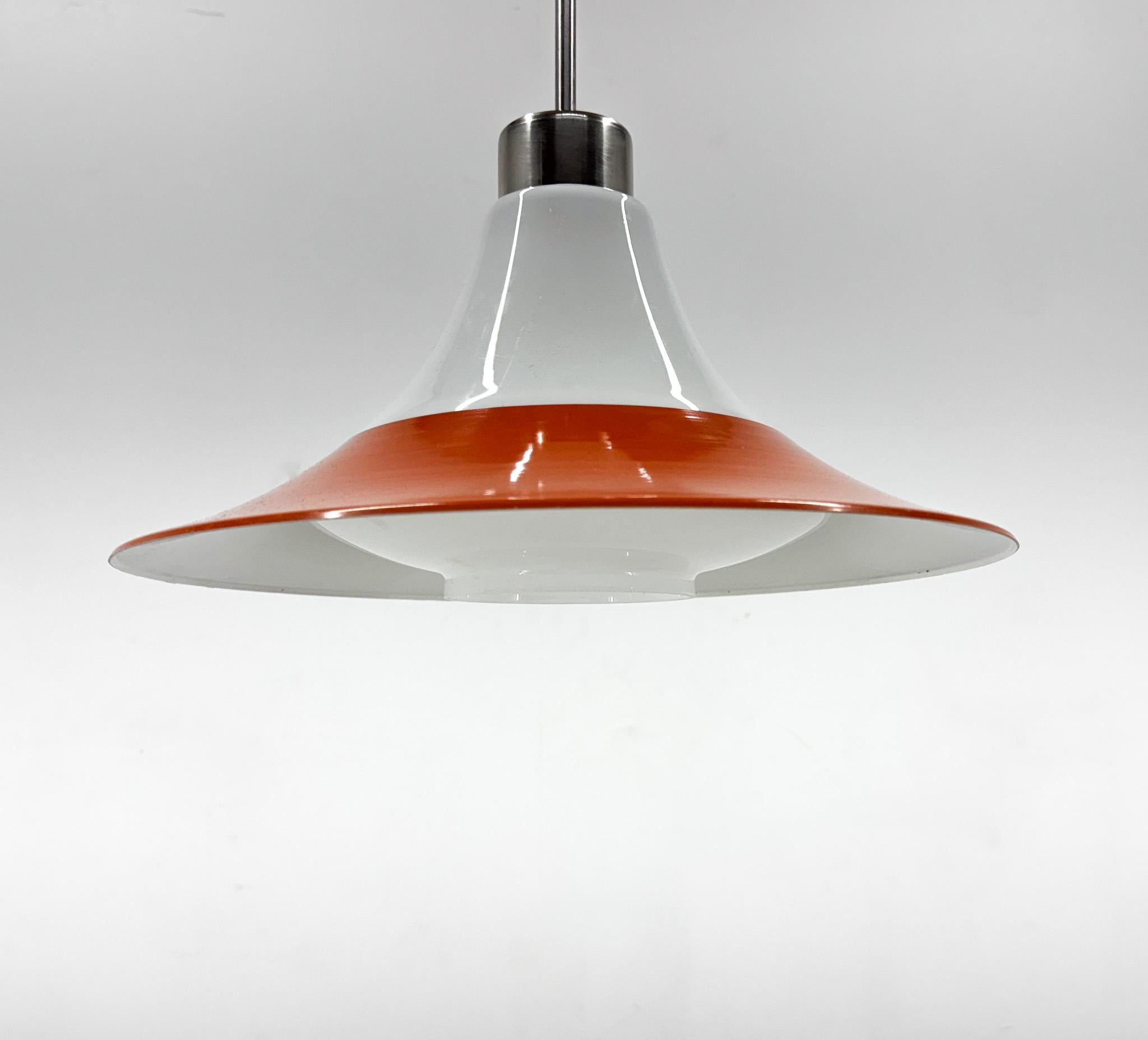 Czech Mid-century Opaline Glass and Metal Pendant Light For Sale