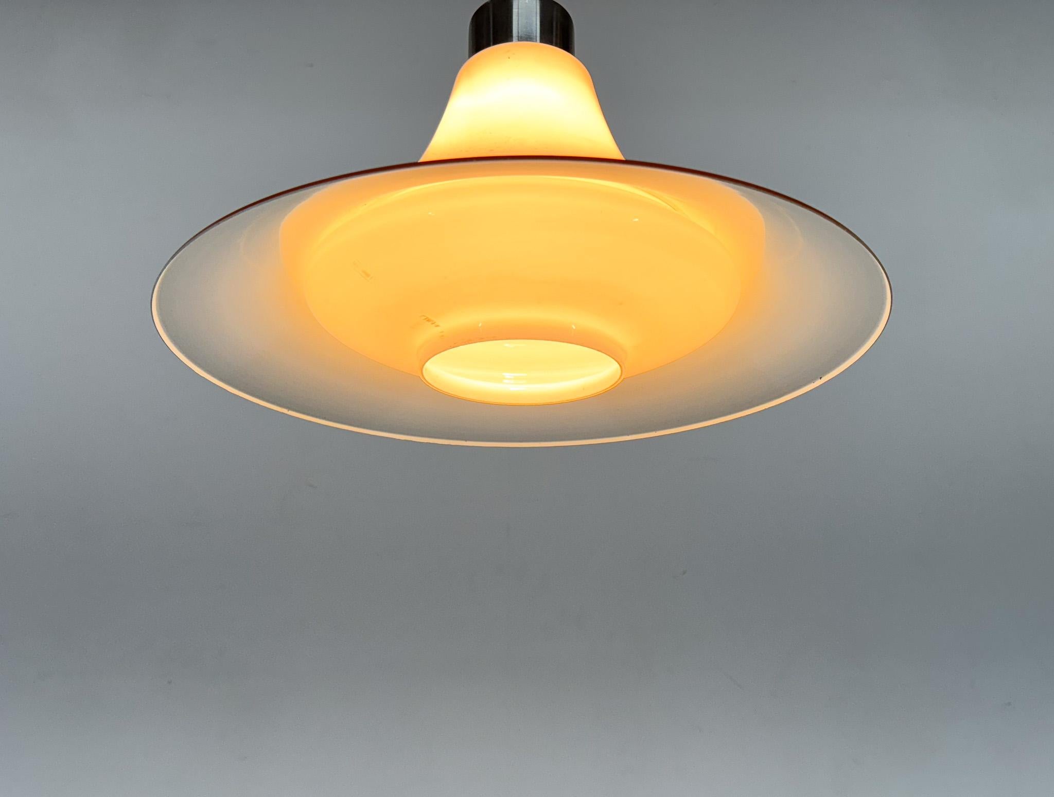 20th Century Mid-century Opaline Glass and Metal Pendant Light For Sale