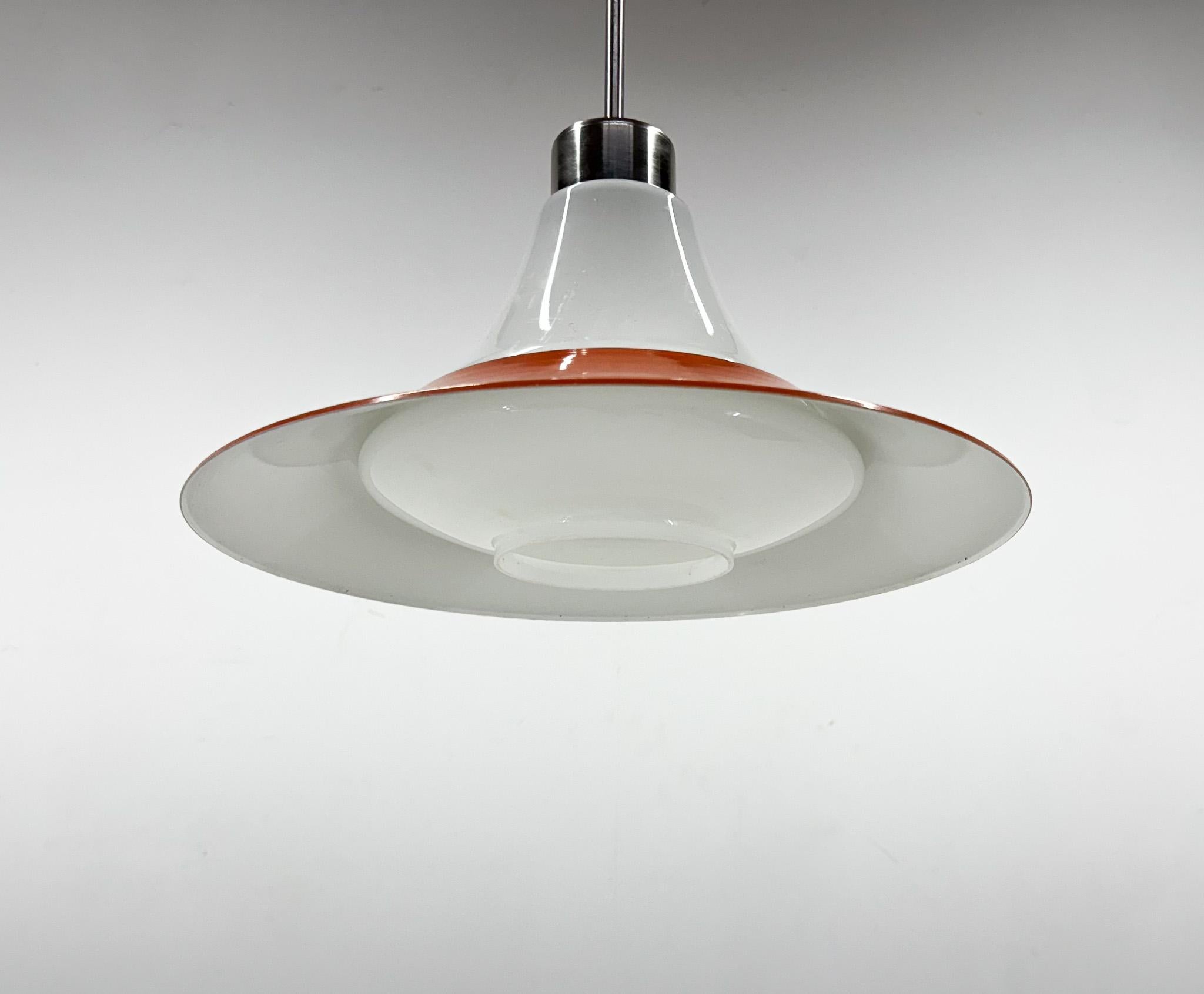 Mid-century Opaline Glass and Metal Pendant Light For Sale 1