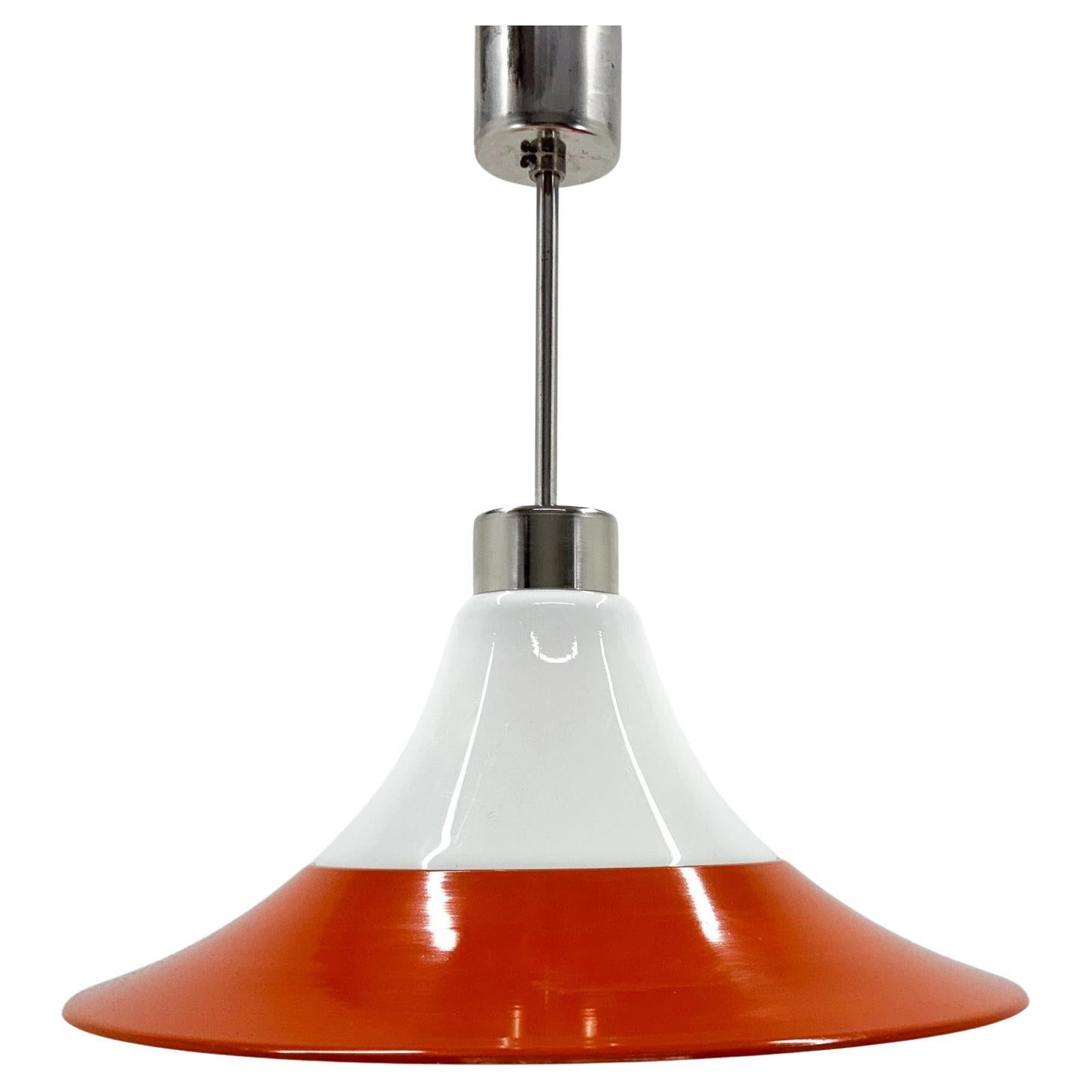 Mid-century Opaline Glass and Metal Pendant Light