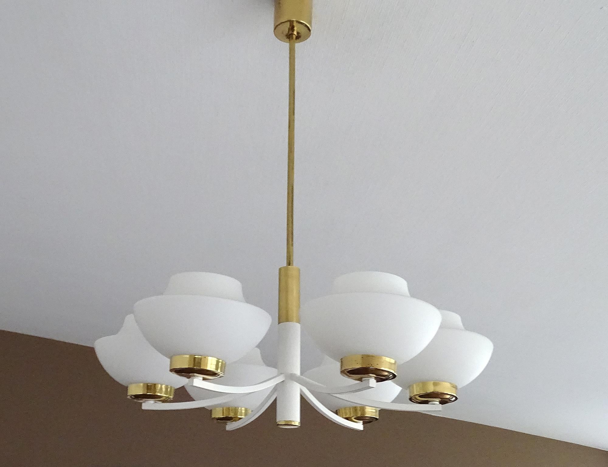 European 1960s Stilnovo Style Pendant Light, Glass Brass For Sale