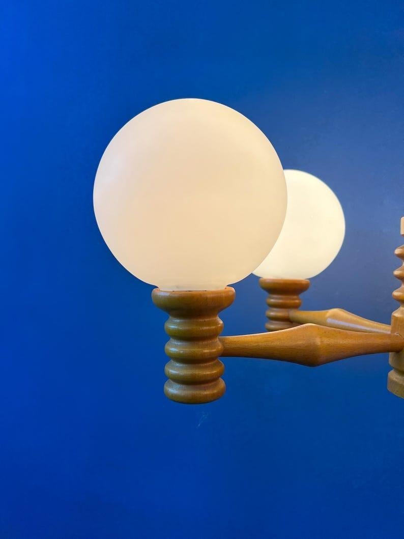 Mid-Century Modern Mid Century Opaline Glass Chandelier with Wooden Frame, 1970s For Sale