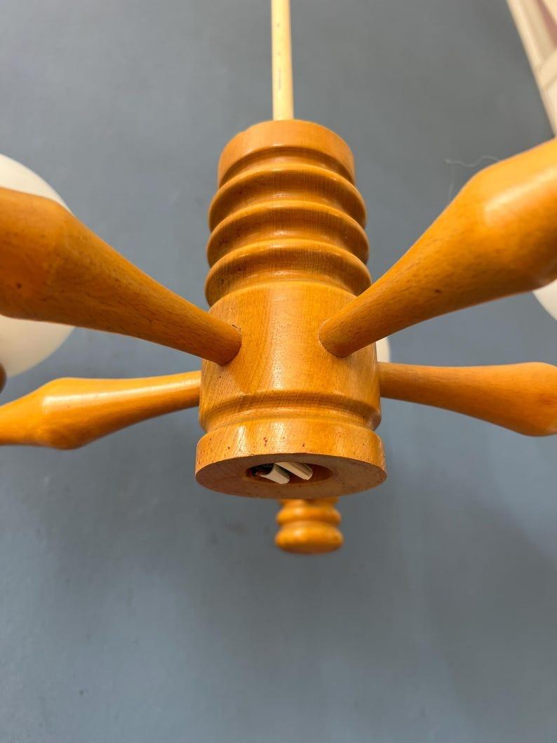 Mid Century Opaline Glass Chandelier with Wooden Frame, 1970s In Good Condition For Sale In ROTTERDAM, ZH