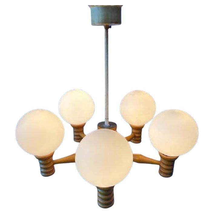 Mid Century Opaline Glass Chandelier with Wooden Frame, 1970s For Sale