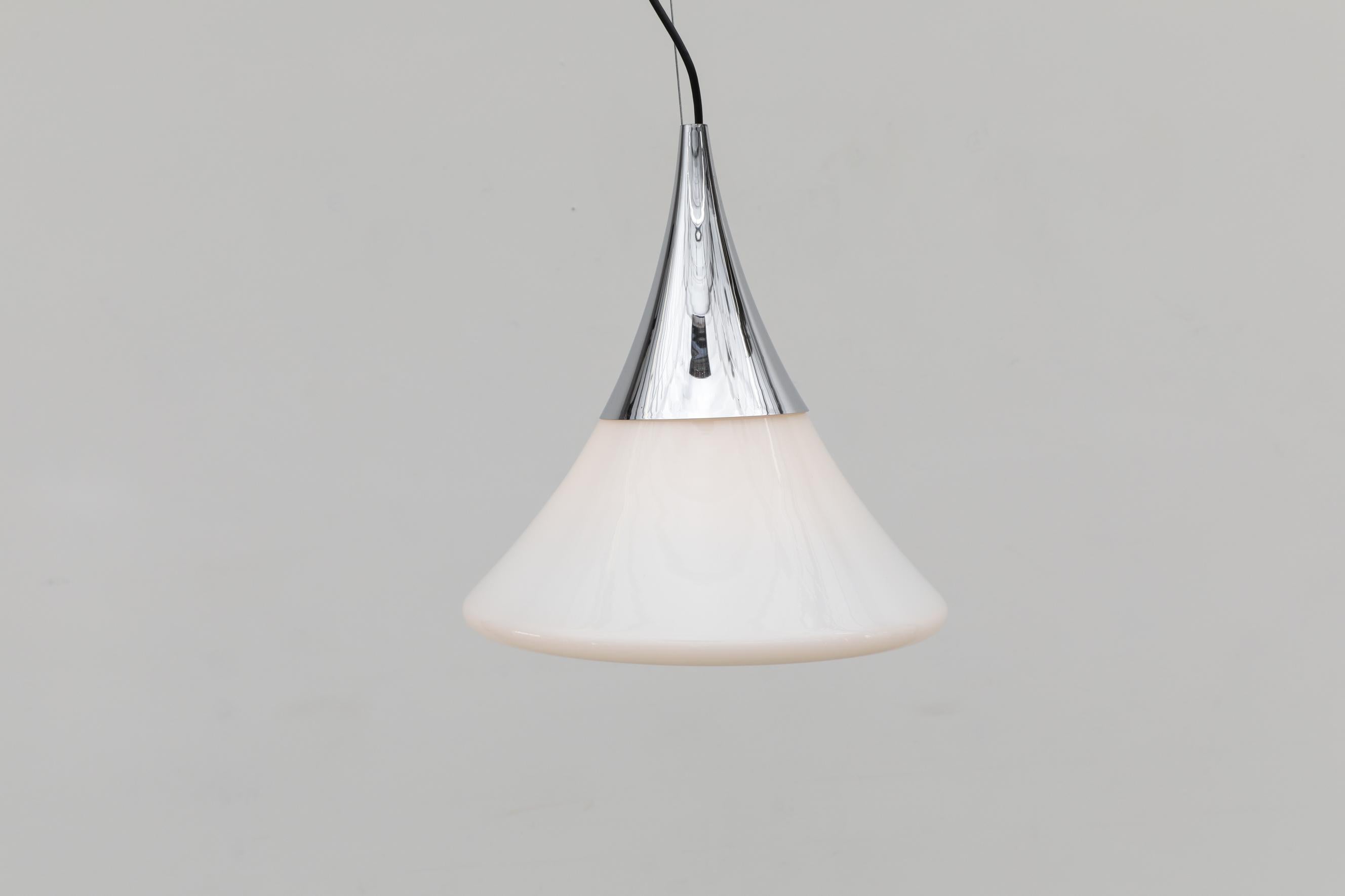 Mid-Century Hershey Kiss Shaped Opaline Glass and Chrome Pendant, 1960's Germany In Good Condition For Sale In Los Angeles, CA