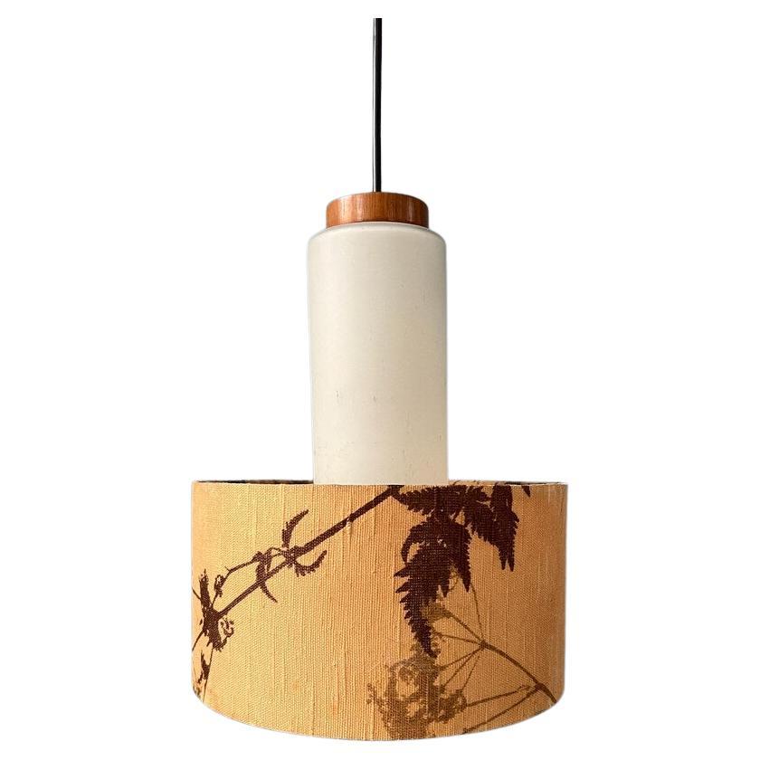 Mid Century Opaline Glass Pendant Lamp with Beige Fabric Jungle Shade, 1970s