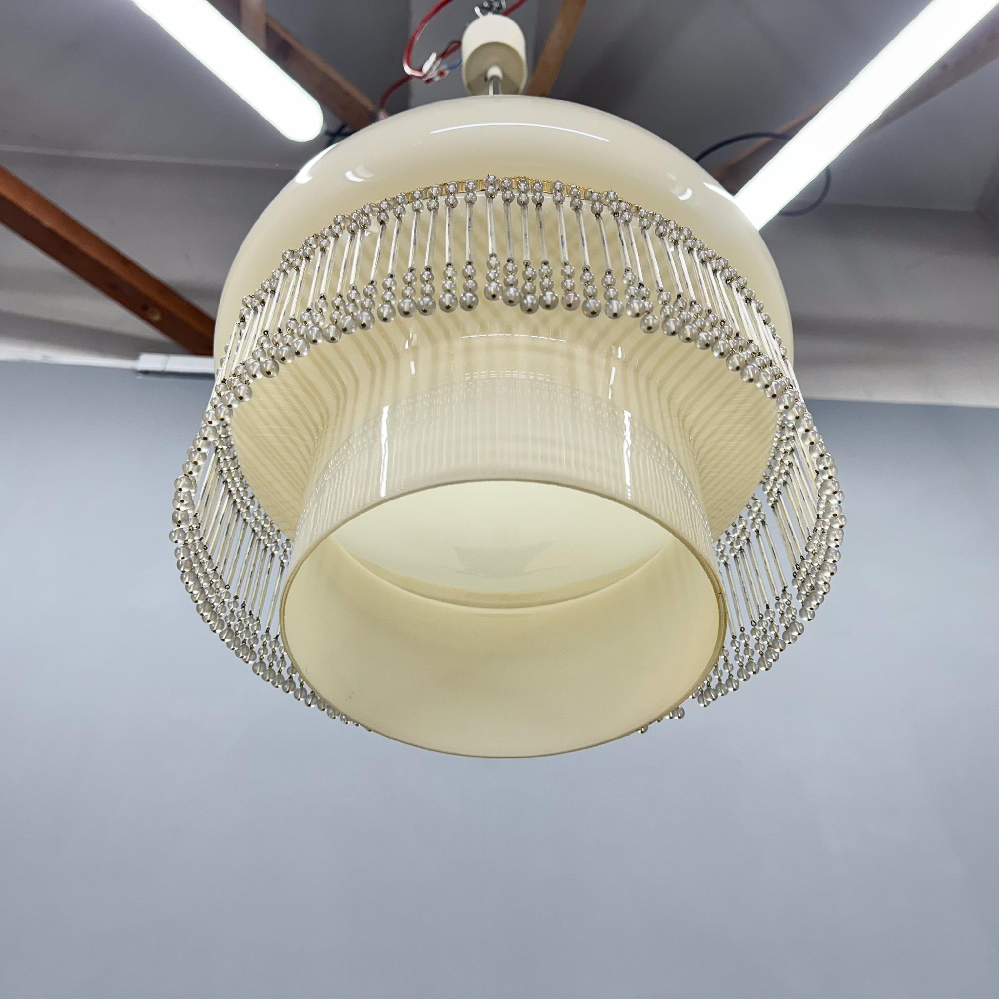 Mid-Century Opaline Glass Pendant Light with Brass Detail & Beads For Sale 5