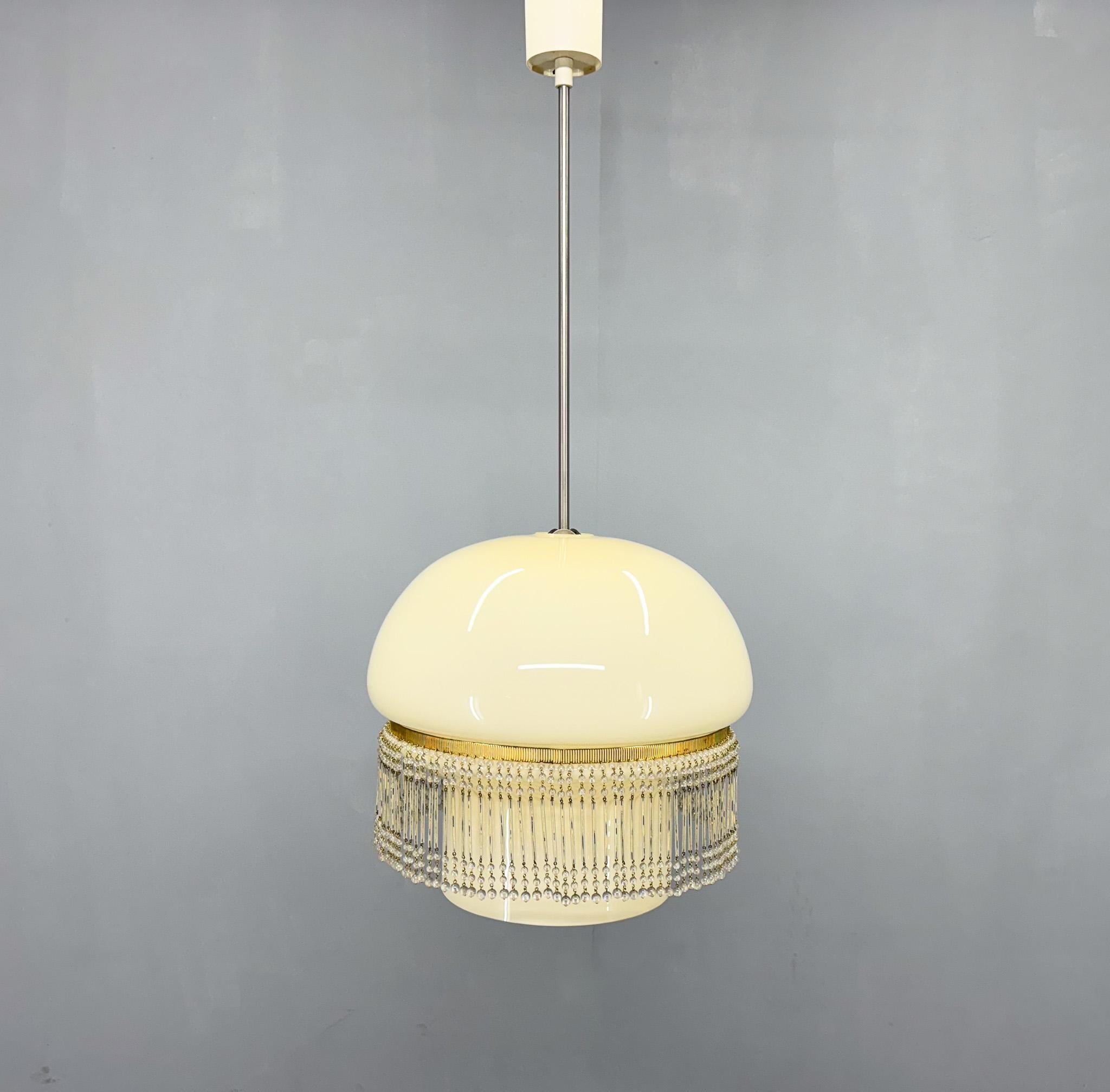 Mid-Century Opaline Glass Pendant Light with Brass Detail & Beads For Sale 6