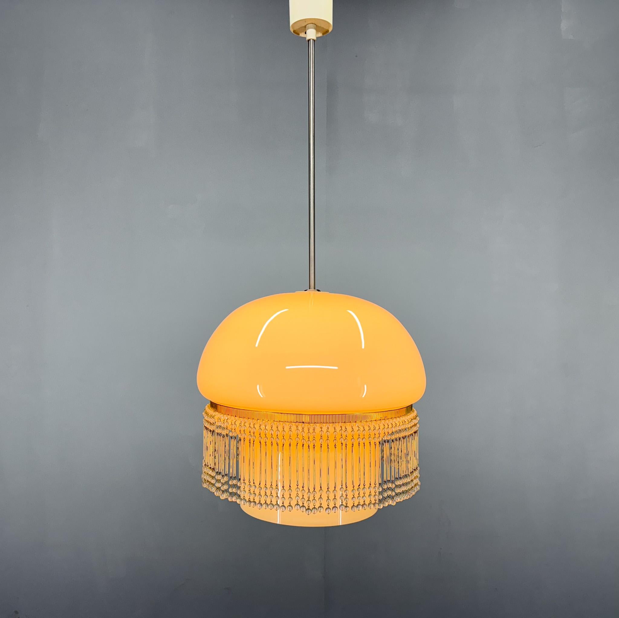 Mid-Century Opaline Glass Pendant Light with Brass Detail & Beads For Sale 7