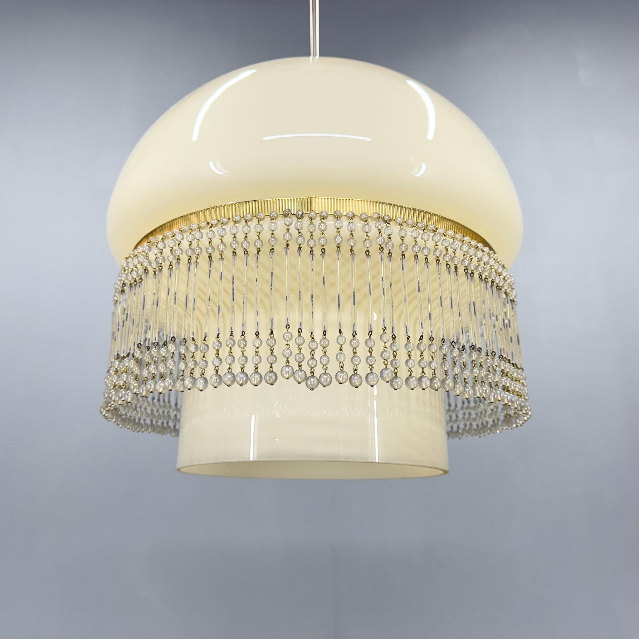 Mid-Century Opaline Glass Pendant Light with Brass Detail & Beads For Sale 8
