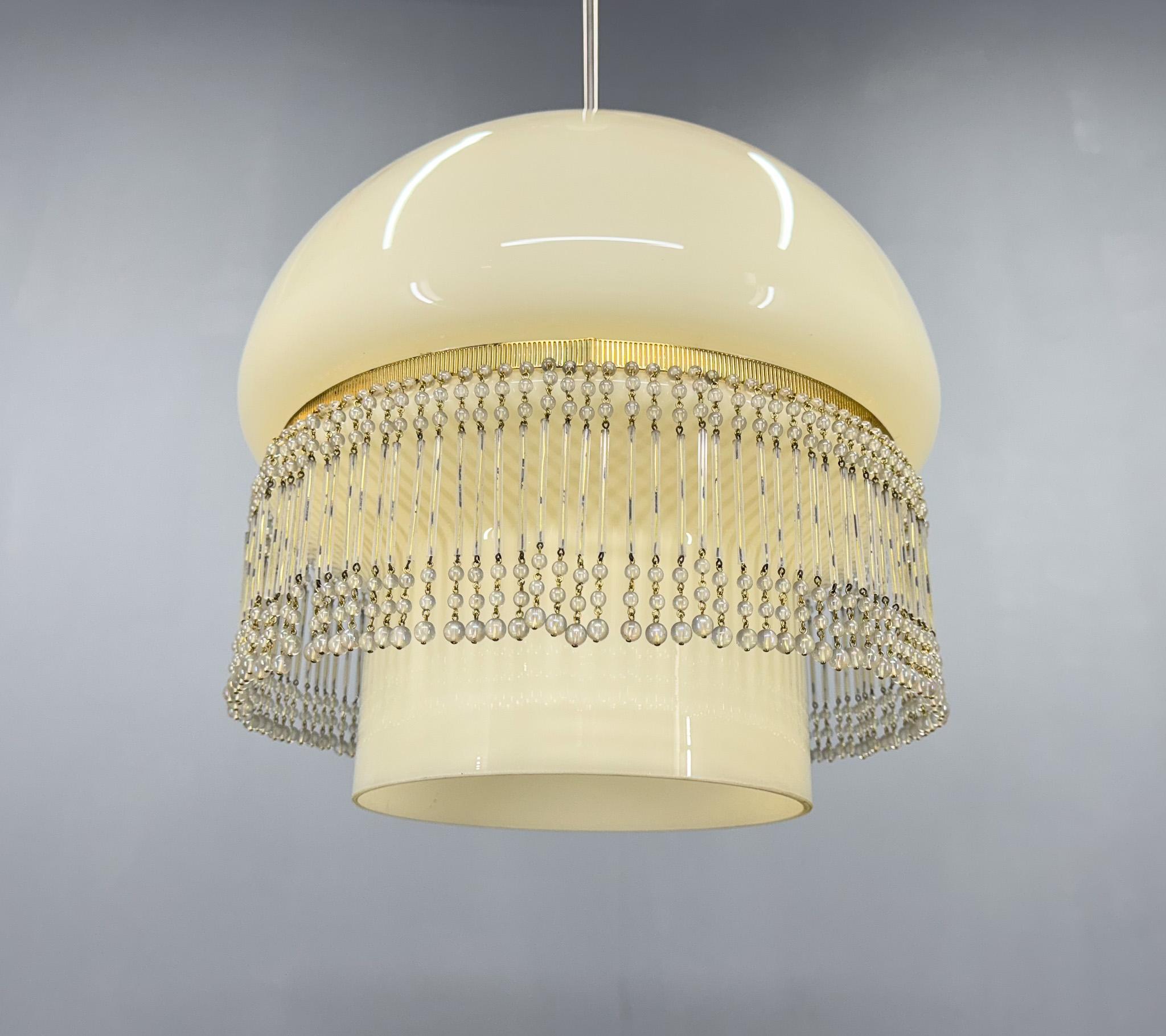 Czech Mid-Century Opaline Glass Pendant Light with Brass Detail & Beads For Sale