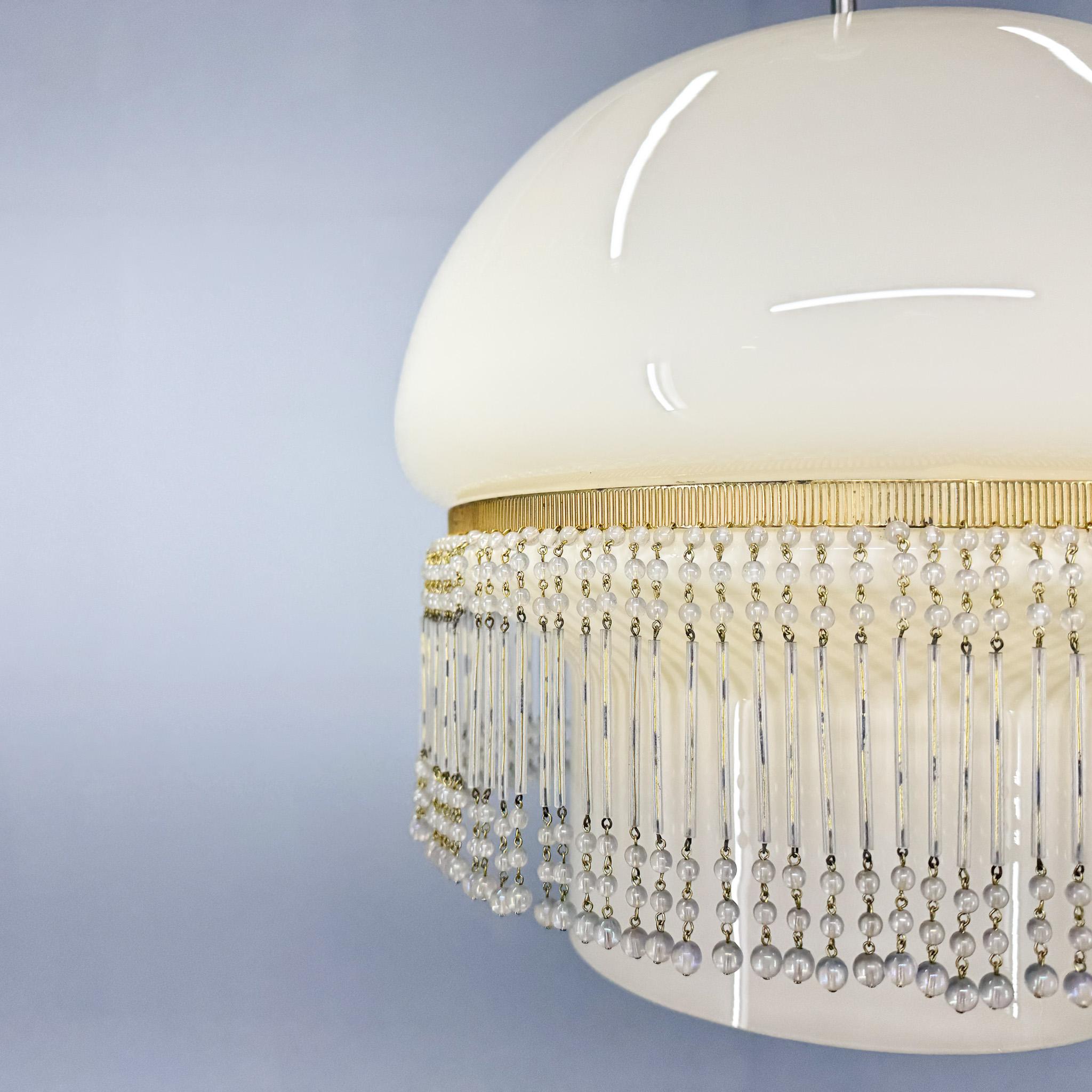 Mid-Century Opaline Glass Pendant Light with Brass Detail & Beads In Good Condition For Sale In Praha, CZ