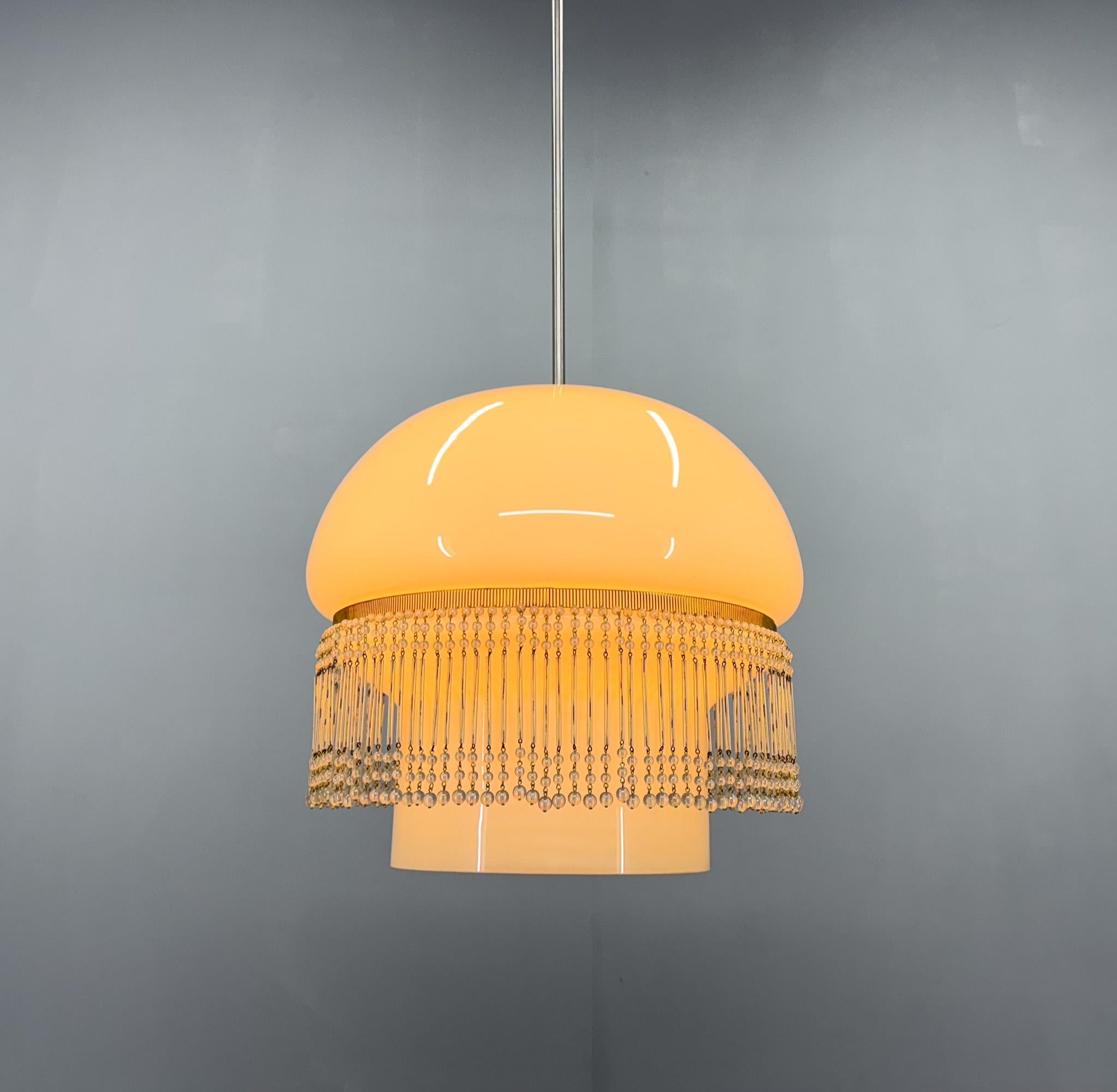 20th Century Mid-Century Opaline Glass Pendant Light with Brass Detail & Beads For Sale