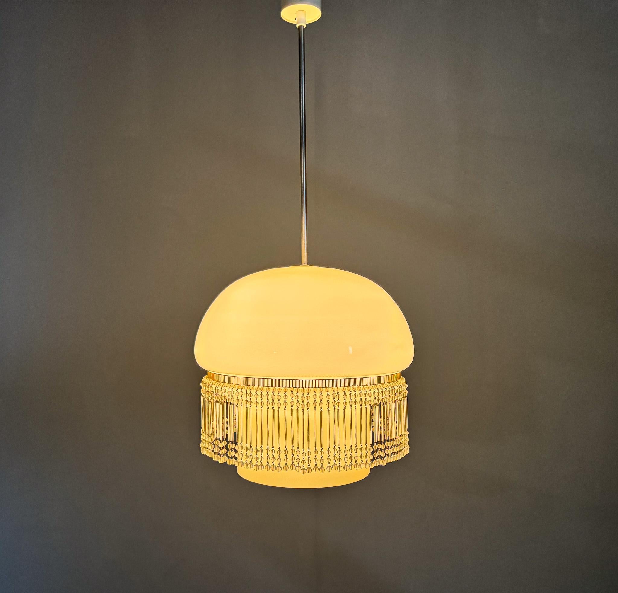Mid-Century Opaline Glass Pendant Light with Brass Detail & Beads For Sale 1