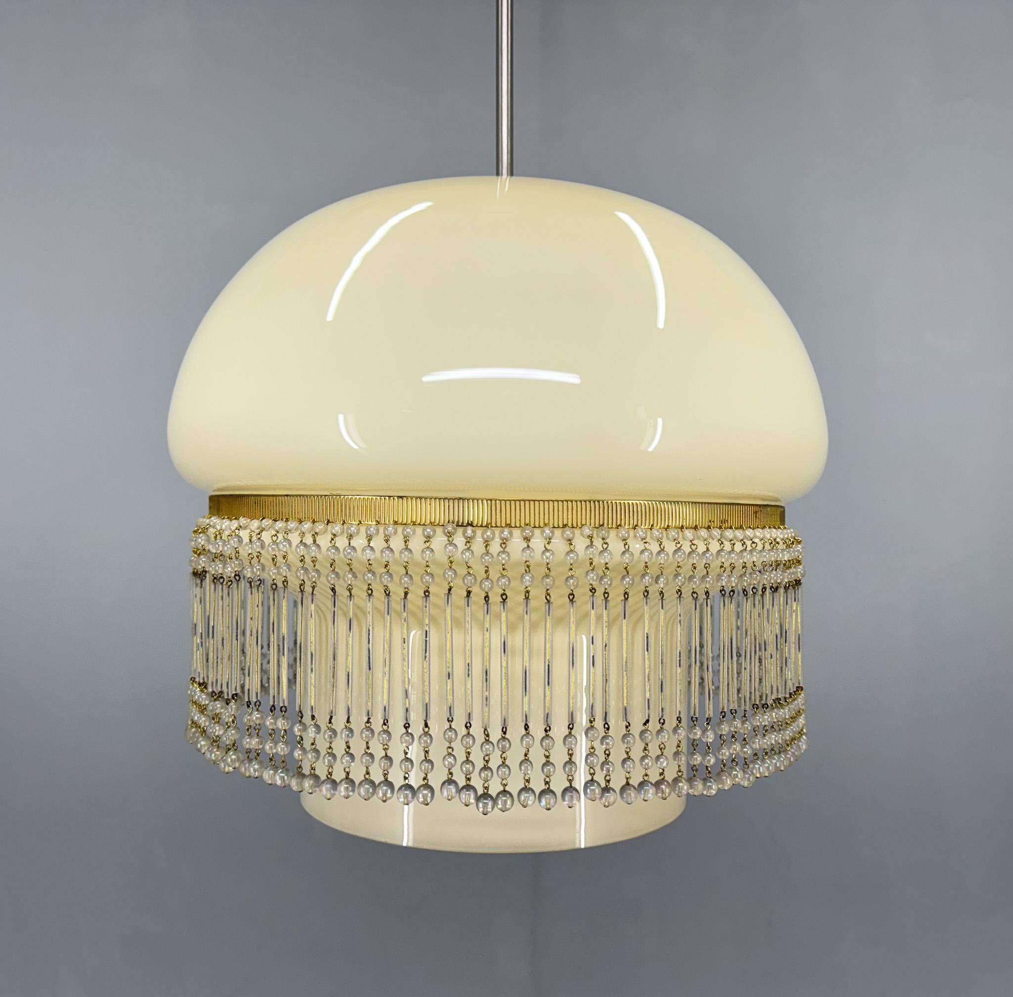 Mid-Century Opaline Glass Pendant Light with Brass Detail & Beads For Sale 2