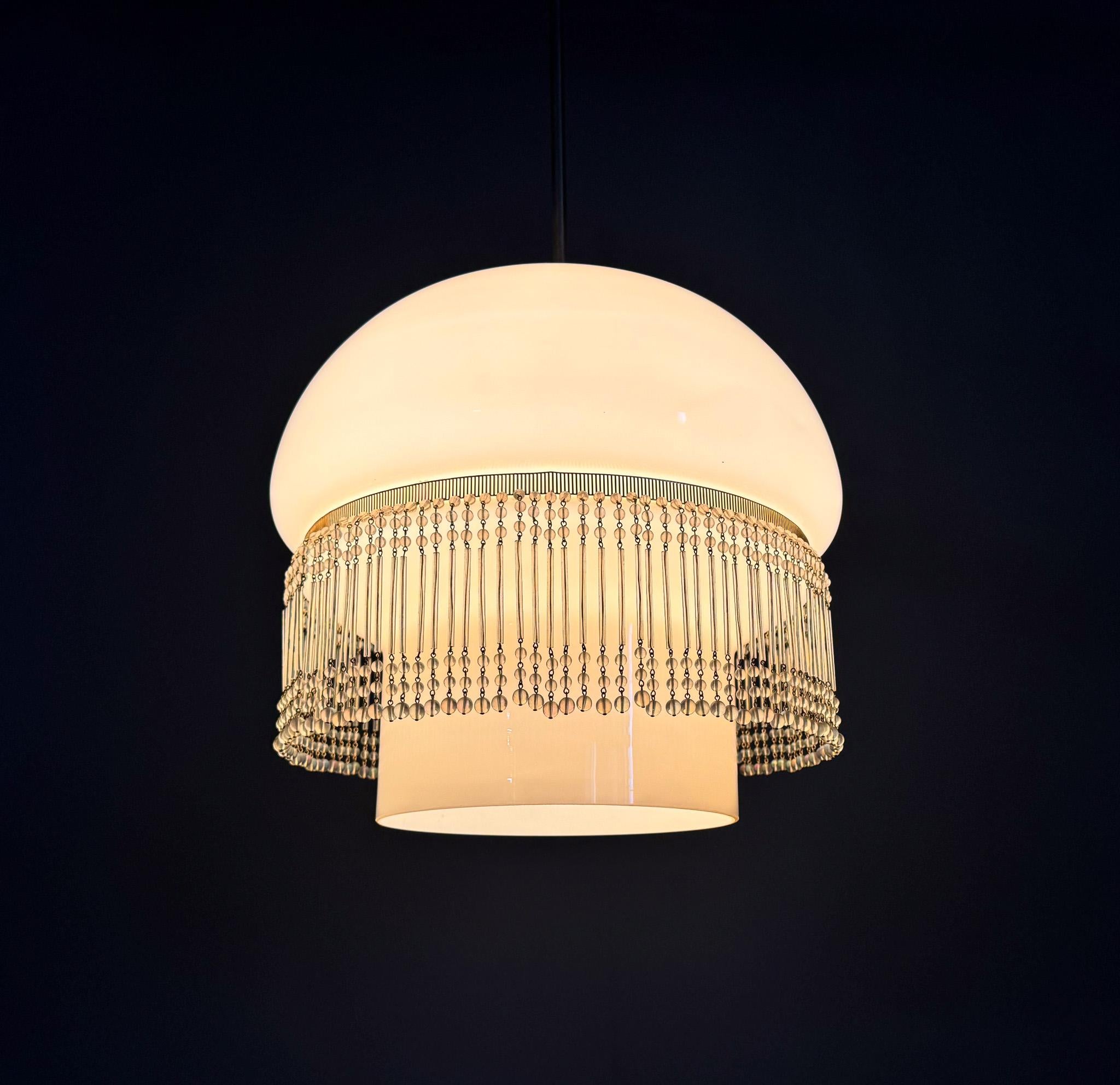 Mid-Century Opaline Glass Pendant Light with Brass Detail & Beads For Sale 3