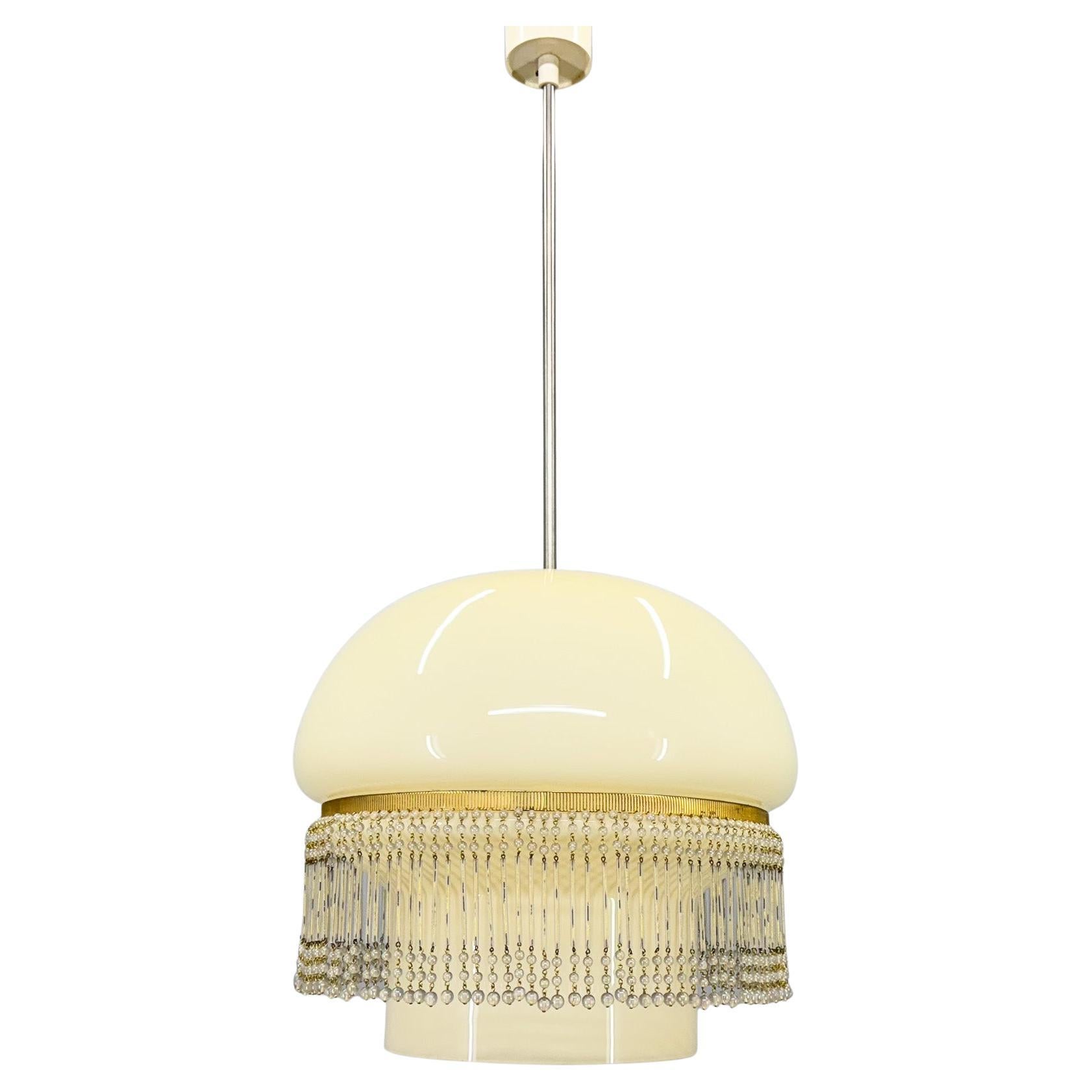Mid-Century Opaline Glass Pendant Light with Brass Detail & Beads For Sale
