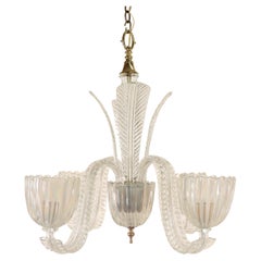 Mid-Century Opaline Murano Ribbed Frond Chandelier
