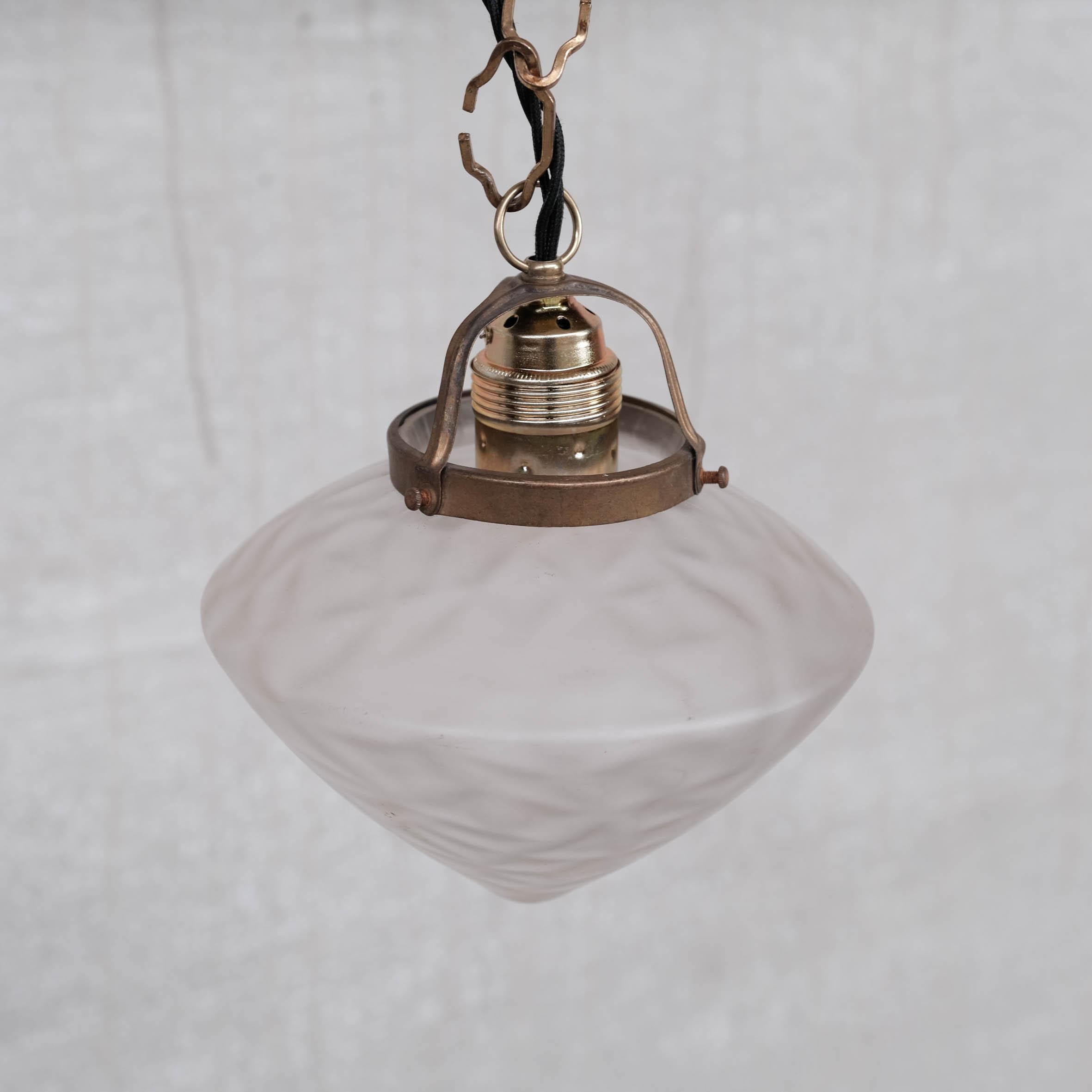 Unusual pendants with opaque decorative finish to the glass, mounted on original brass galleries. 

France, c1960s. 

Good vintage condition. 

Price and sold individually.

Re-wired and PAT tested. 

No original chain or rose was