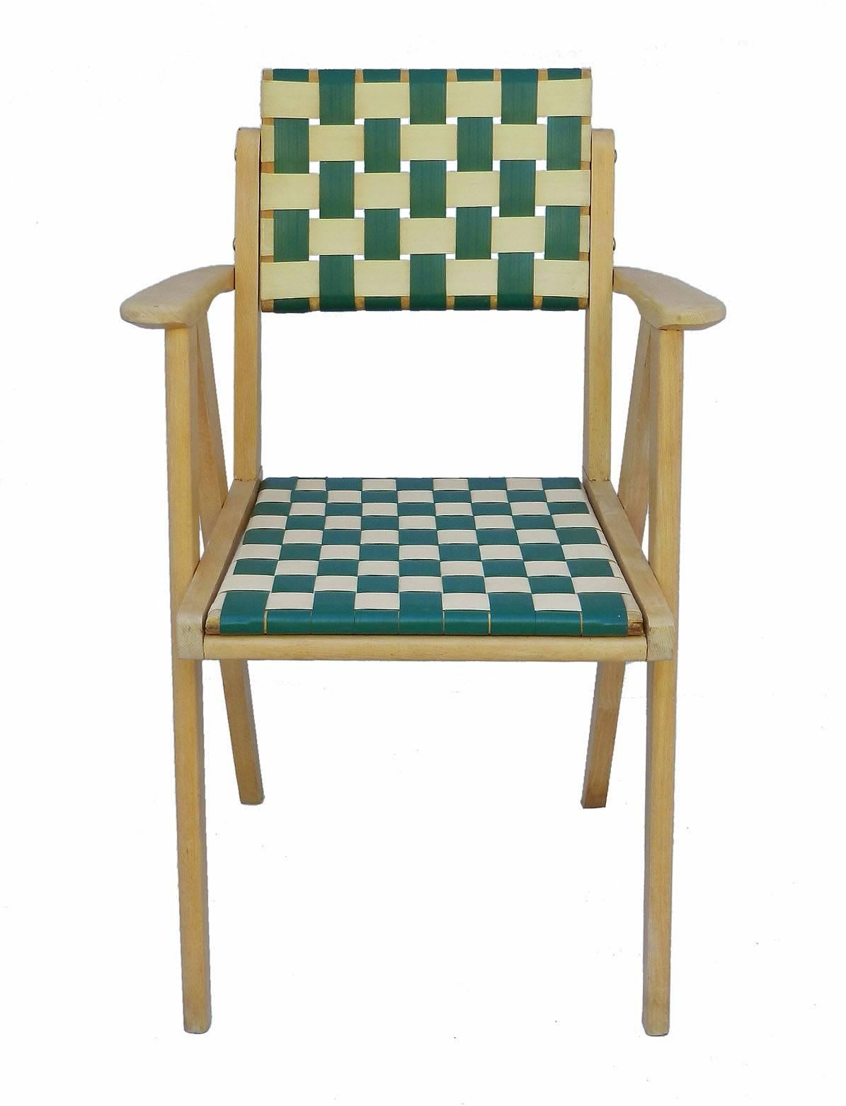Italian Midcentury Open Armchair Lounge Chair Compass Legs Original Woven Seat and Back