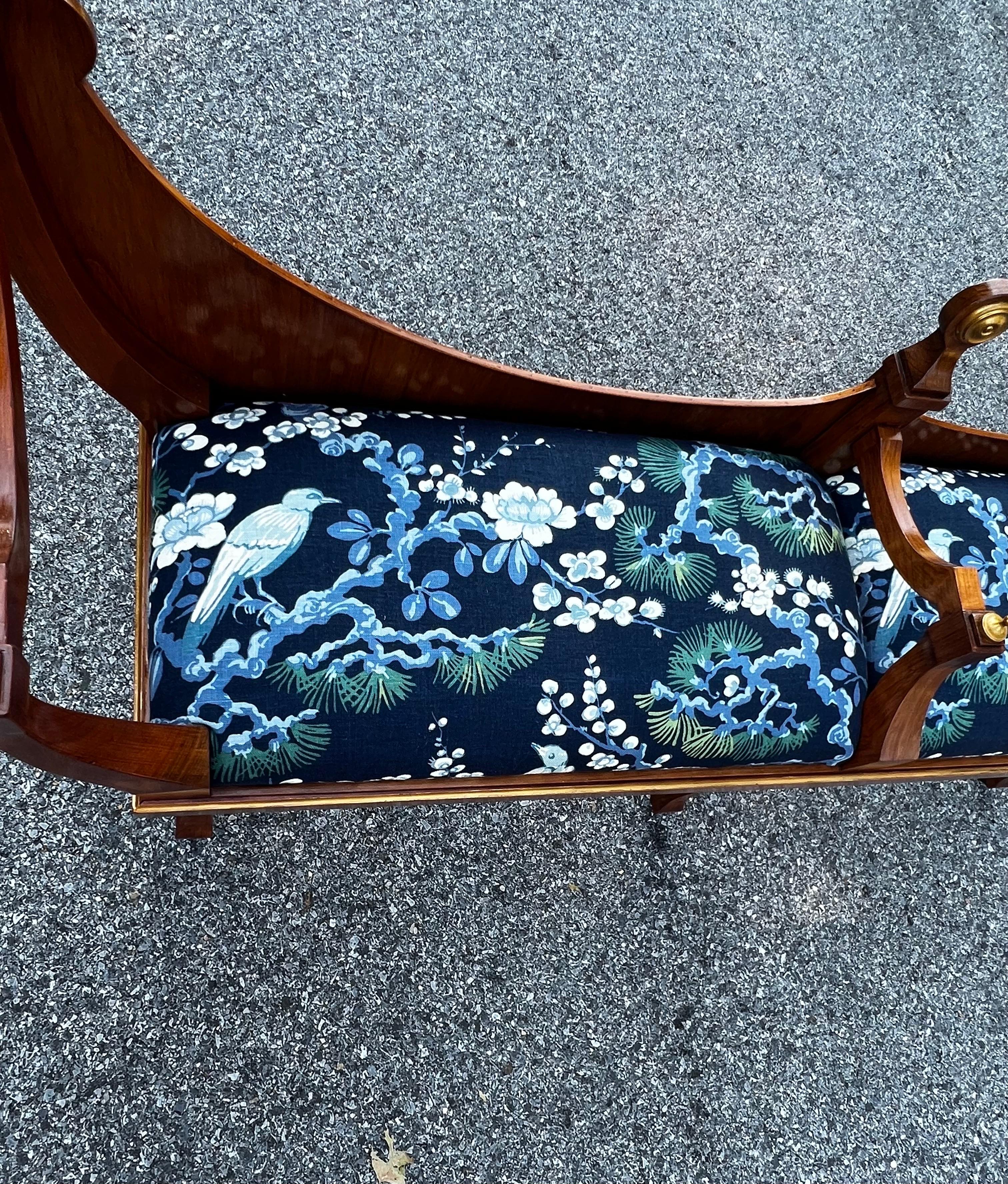 Mid-Century Open Crescent Back Italian Bench with Blue Upholstery  8