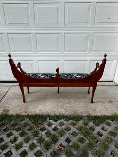 Mid-Century Open Crescent Back Italian Bench with Blue Upholstery