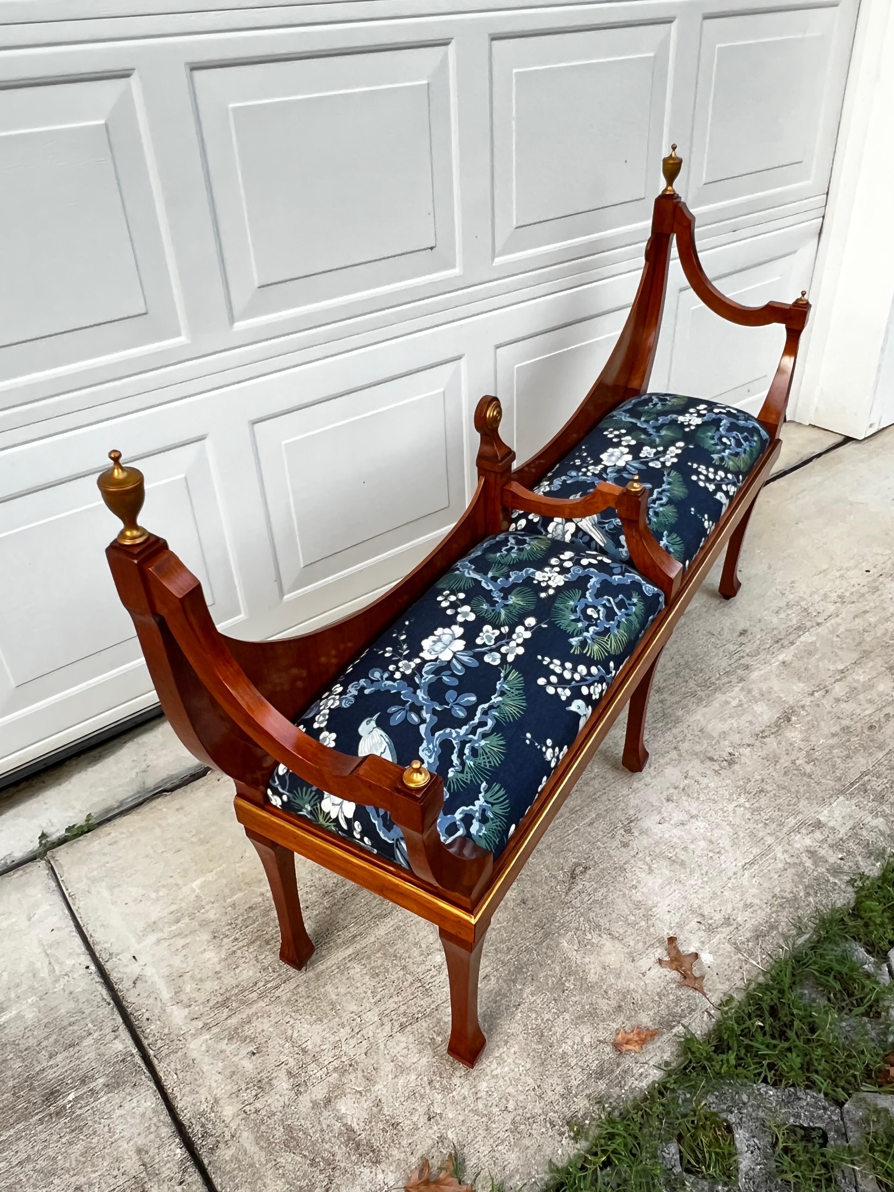Mid-Century Modern Mid-Century Open Crescent Back Italian Bench with Blue Upholstery 