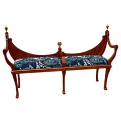 Mid-Century Open Crescent Back Italian Bench with Blue Upholstery