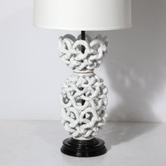 Mid-Century Open Form White Ceramic Table Lamp with Woven Sculptural Motifs